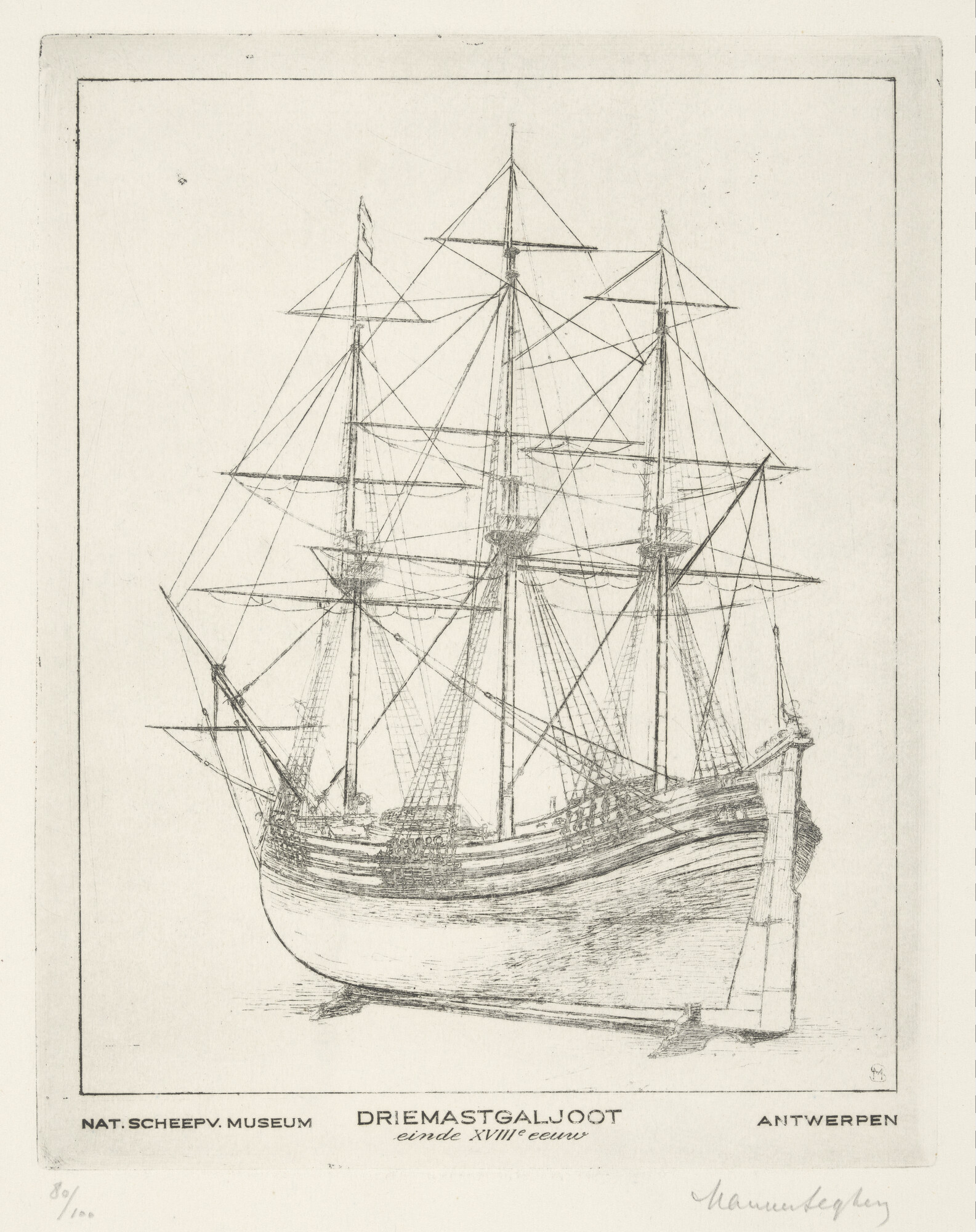 S.2818; Afbeelding van het model van een driemastgaljoot in het Nationaal Scheepvaartmuseum in Antwerpen; prent