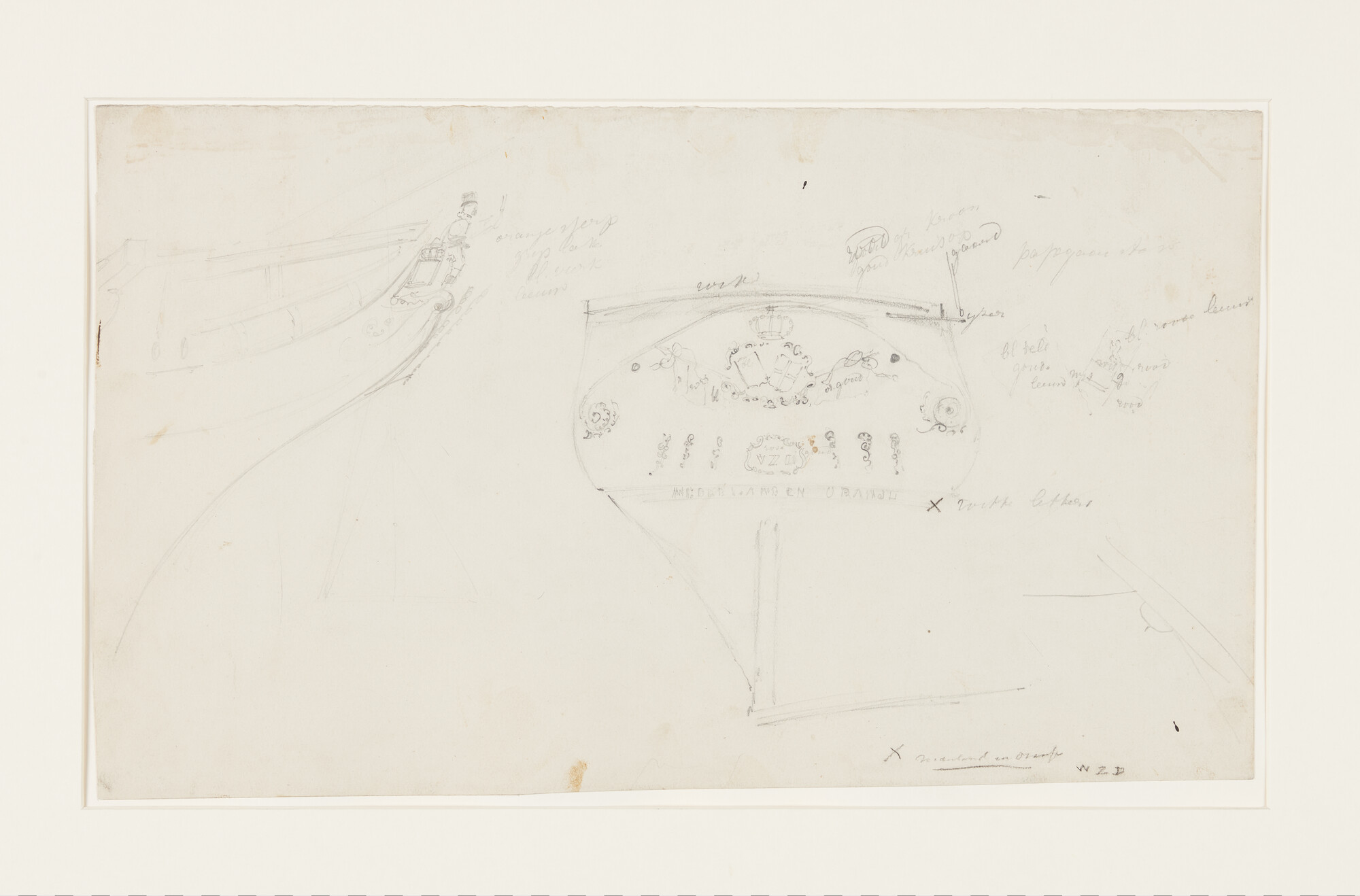 S.3107(07)034; Voor- en achterschip van het barkschip Nederland en Oranje; tekening