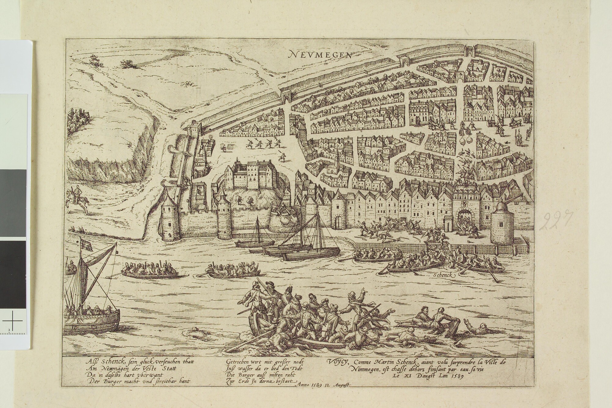 A.0145(027)288; Schenk verdrinkt in de aanslag op Nijmegen, 12 augustus 1589; prent