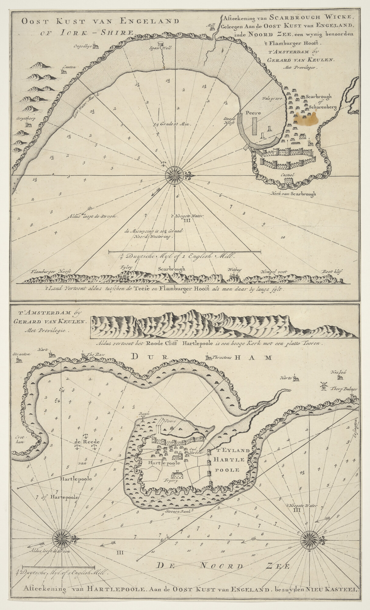 S.1072(02)44; Twee kaarten van deel van de oostkust van Engeland, de redes van Scarborough & Hartlepool; zeekaart