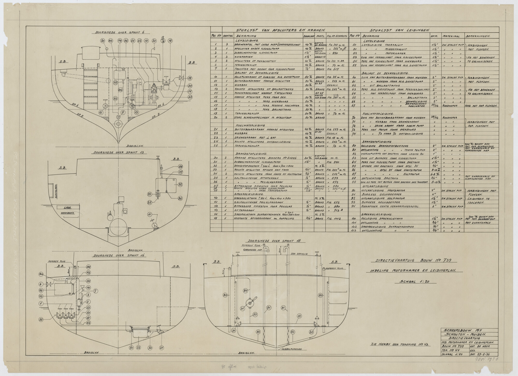 2005.1936; Indeling van de motorkamer en leidingplan van het directievaartuig "Breezand"; technische tekening