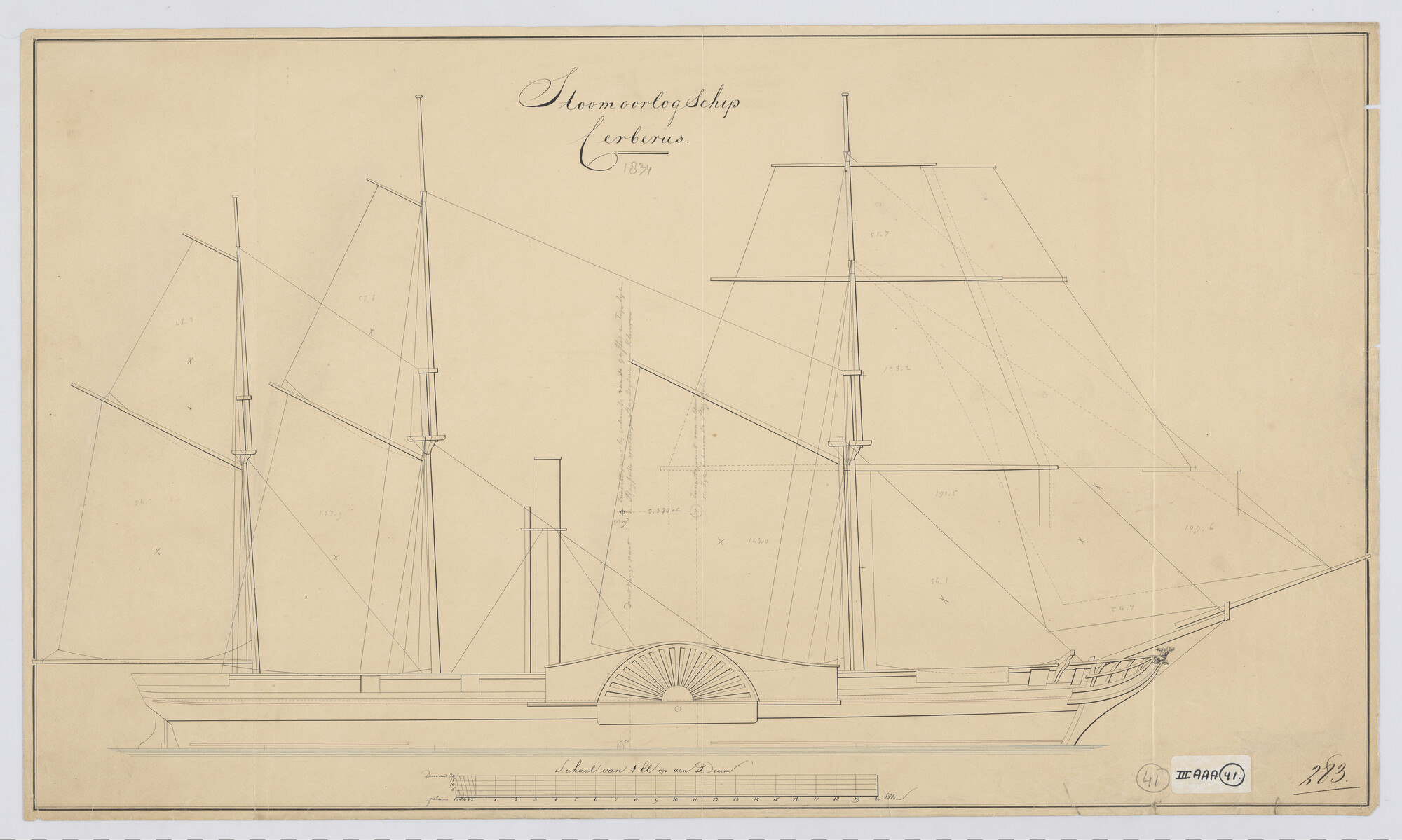 S.1214(0207); Tuigplan van het raderstoomschip Zr.Ms. 'Cerberus'; technische tekening