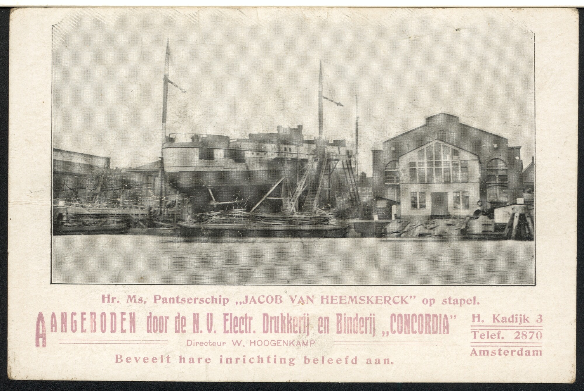 S.5232(25)09; Het pantserschip Hr.Ms. Jacob van Heemskerck in aanbouw op de Rijkswerf te Amsterdam; reclamekaart