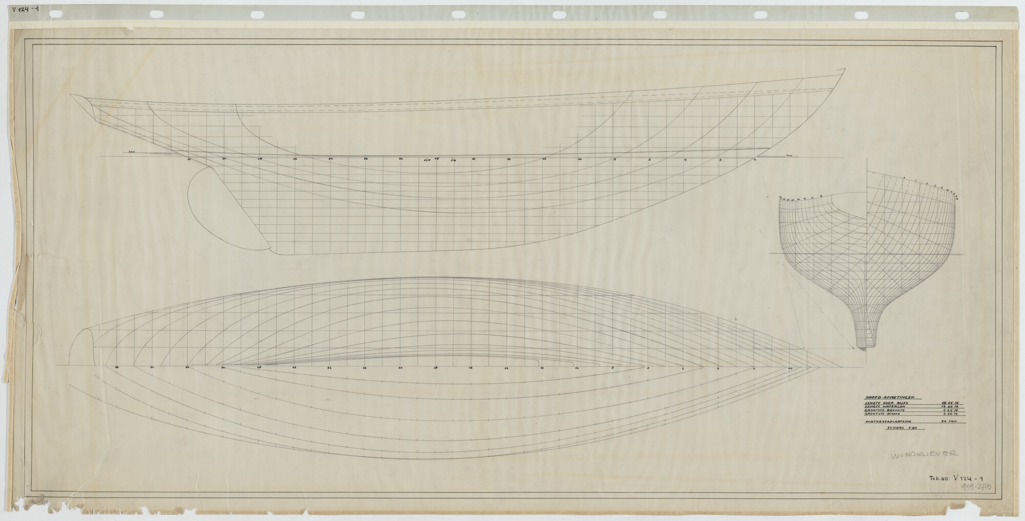 1999.2785; Lijnenplan van het kitsjacht 'Windkliever'; technische tekening
