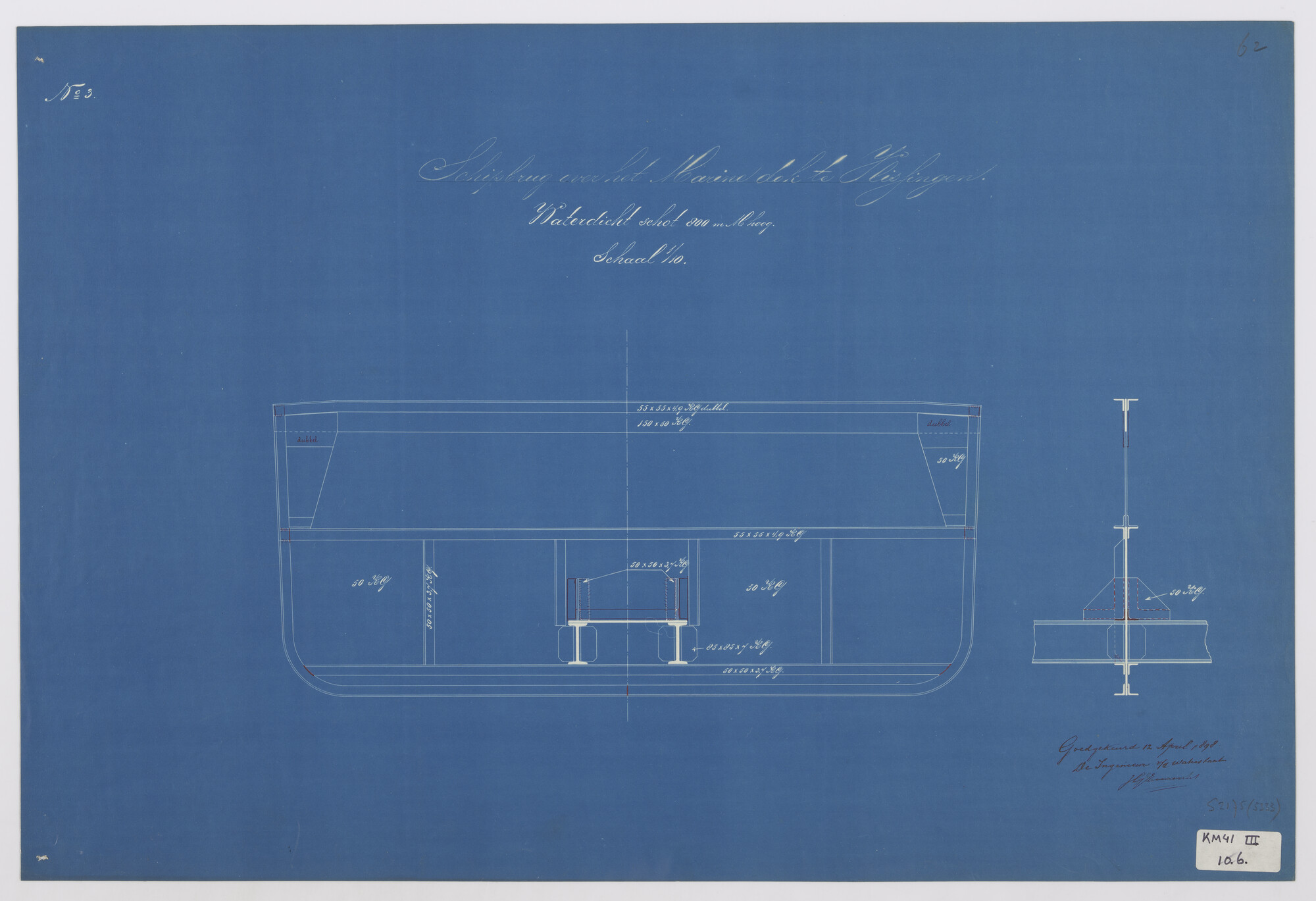 S.2175(5333); Doorsnede over een waterdichtschot van een brugschip uit de schipbrug over het Marinedok bij de Koninklijke Maatschappij 'De Schelde' te Vlissingen; technische tekening