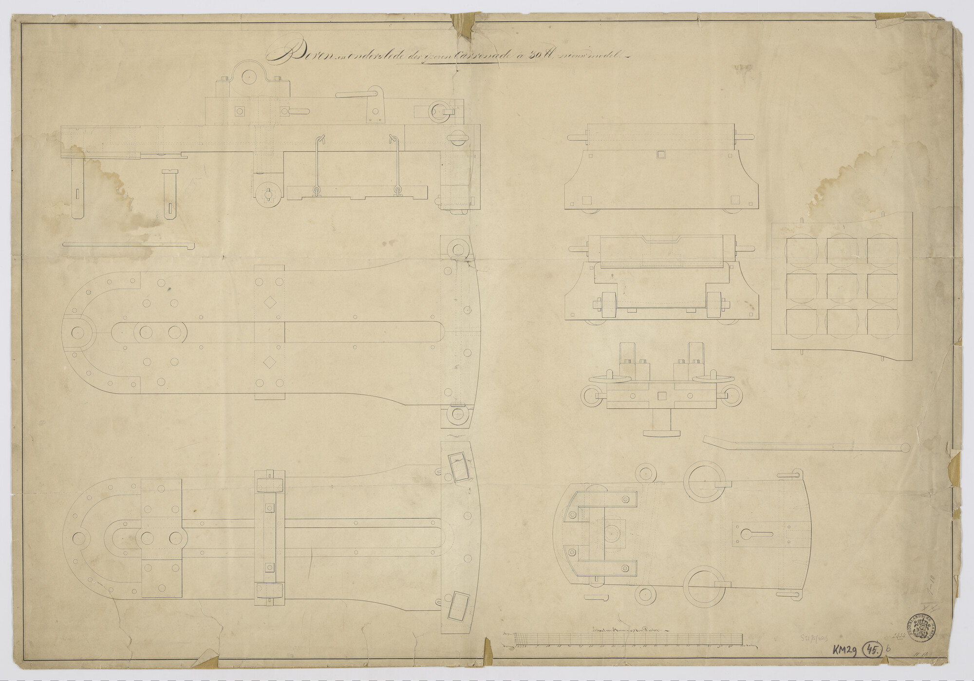 S.2175(4511); Doorsneden van de boven- en onderslede der ijzeren carronade van 30 lb; technische tekening