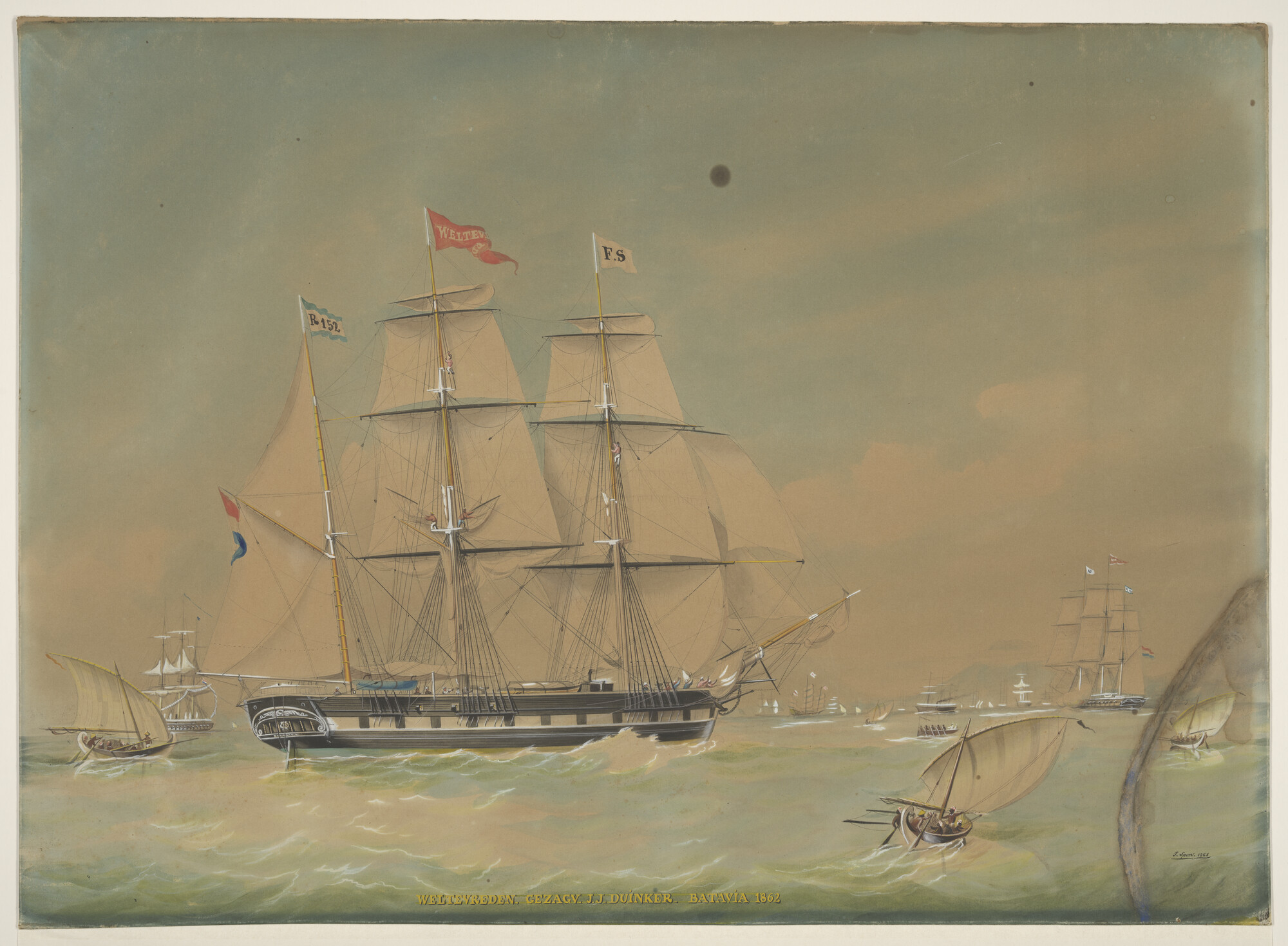 A.0824(01); Het barkschip Weltevreden op de rede van Batavia; tekening