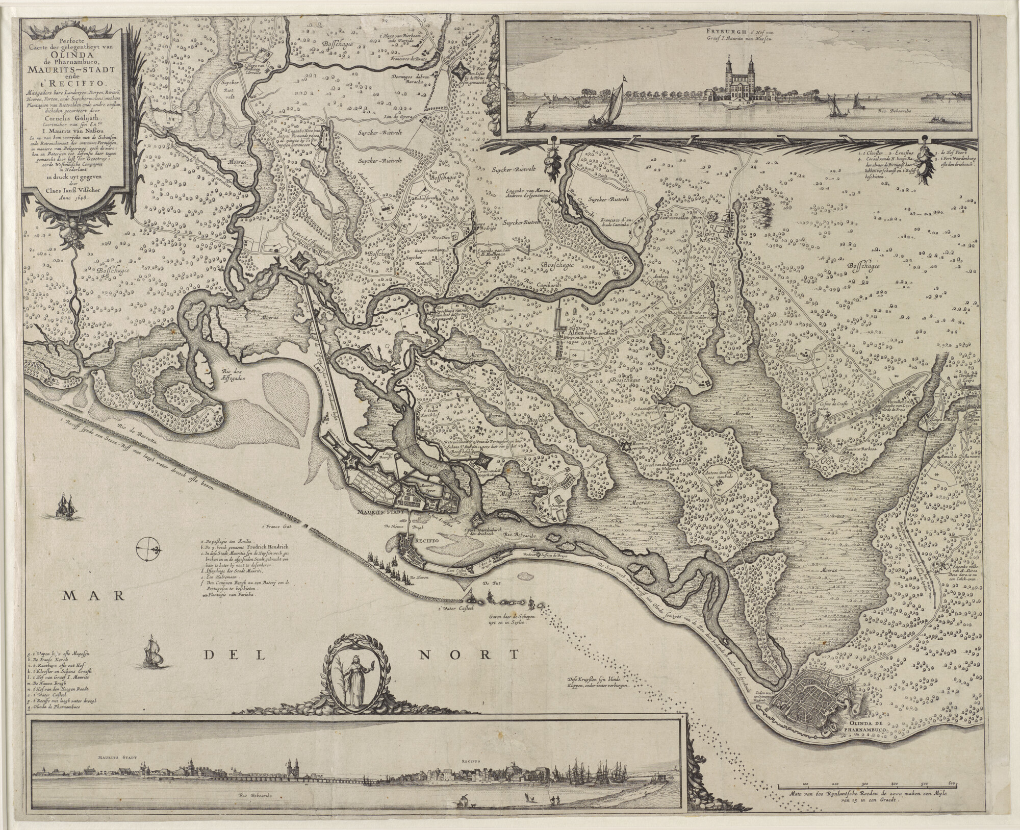 A.3143(03); Kaart van Olinda de Pernambuco, Mauritsstad en Recife, in Brazilië, tekening; landkaart