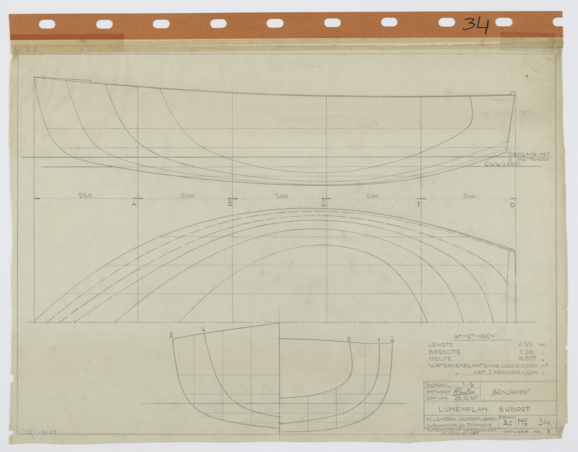 2010.1725; Lijnenplan van de bijboot Benjamin van 2.55 m; technische tekening