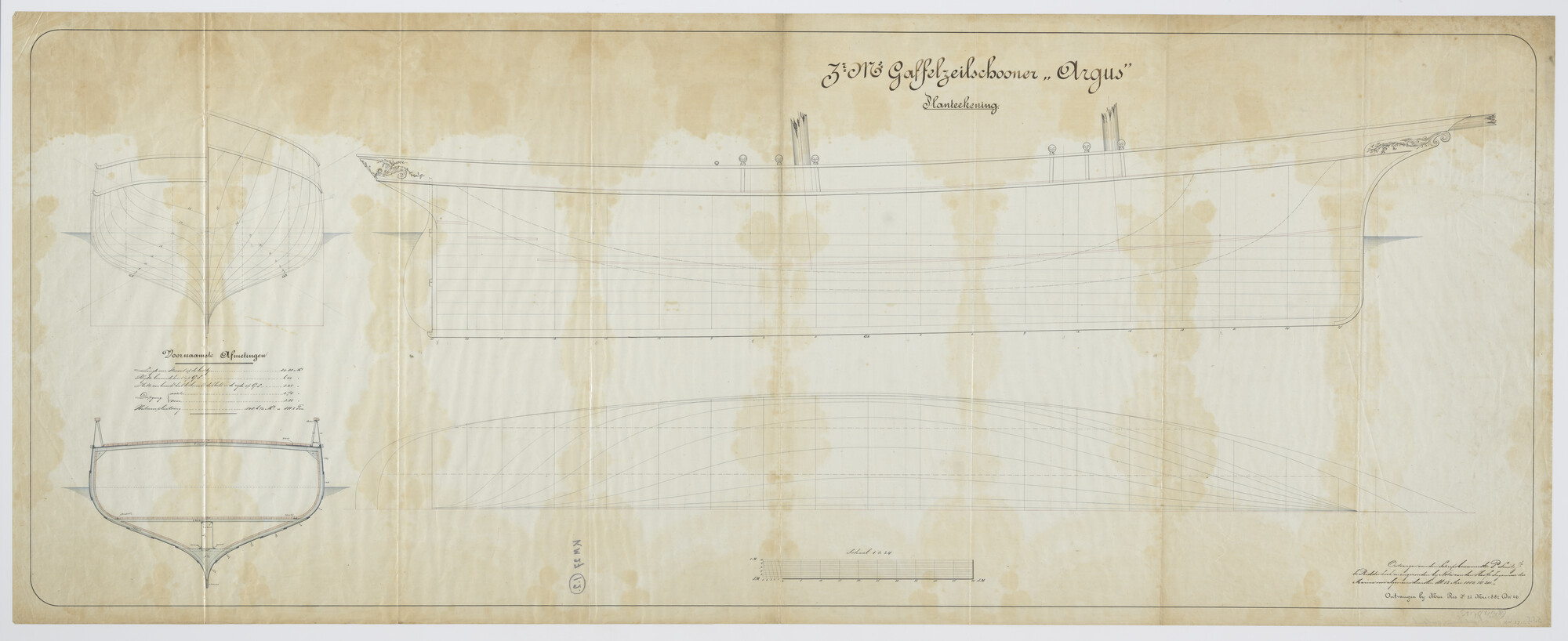S.2175(4148); Lijnenplan en spantenraam van Zr.Ms. 'Argus'; technische tekening