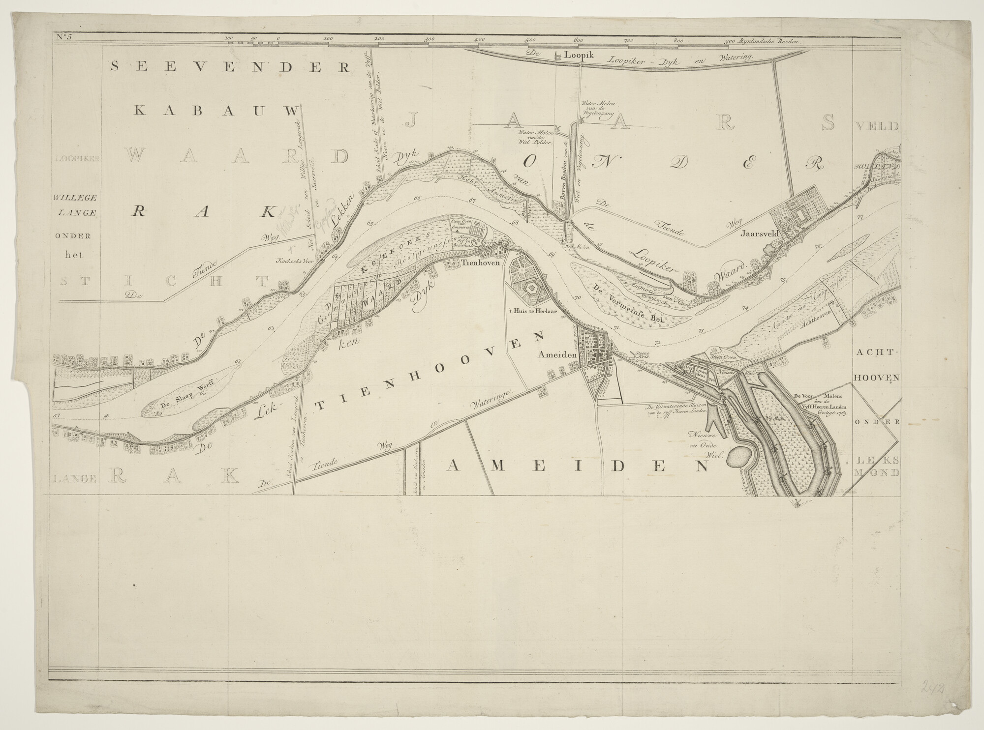 A.2948(01)e; Kaart in zeven bladen van de rivier de Lek van Krimpen tot het Hagesteinse Schoor; rivierkaart