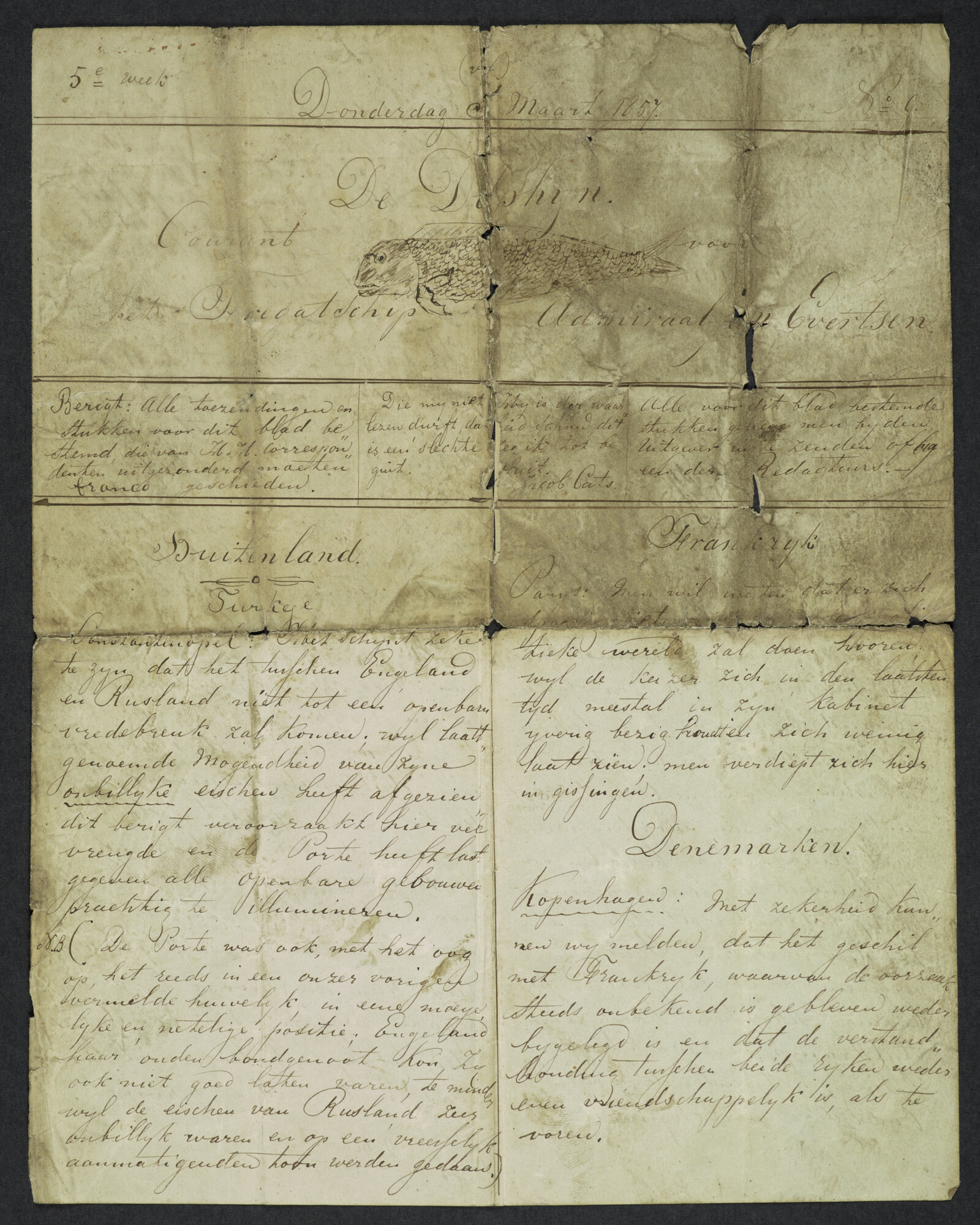 2013.0381; Boordkrant "De Dolphijn" van het fregatschip Admiraal Jan Evertsen, 5 maart 1857; krant