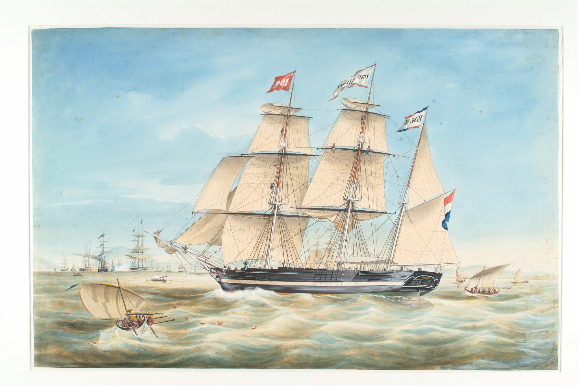 A.0037(05); Het barkschip De Drie Vrienden op de rede van Batavia; tekening