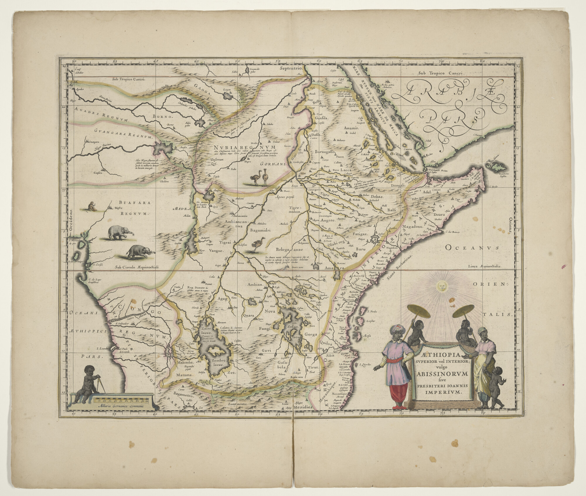 B.0216(0280); Met de hand gekleurde kaart van Ethiopië en het land van Prester Jan, anoniem, Nederland, uitgave Willem Jansz. Blaeu; landkaart