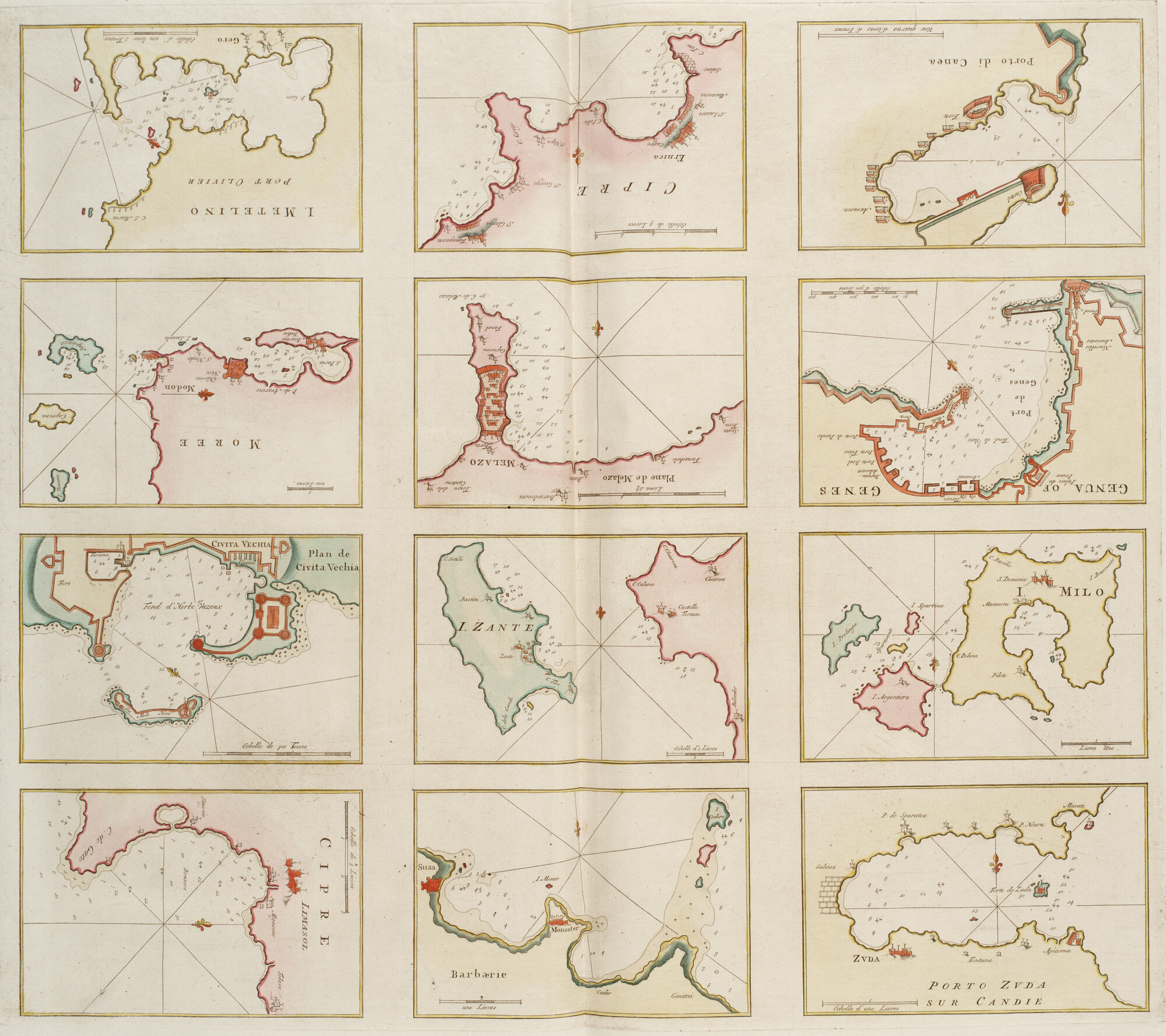 B.0032(109)2 [kaart 119]; Blad met 12 kaartjes van havens en reden van de kusten van de Middellandse Zee; kaart