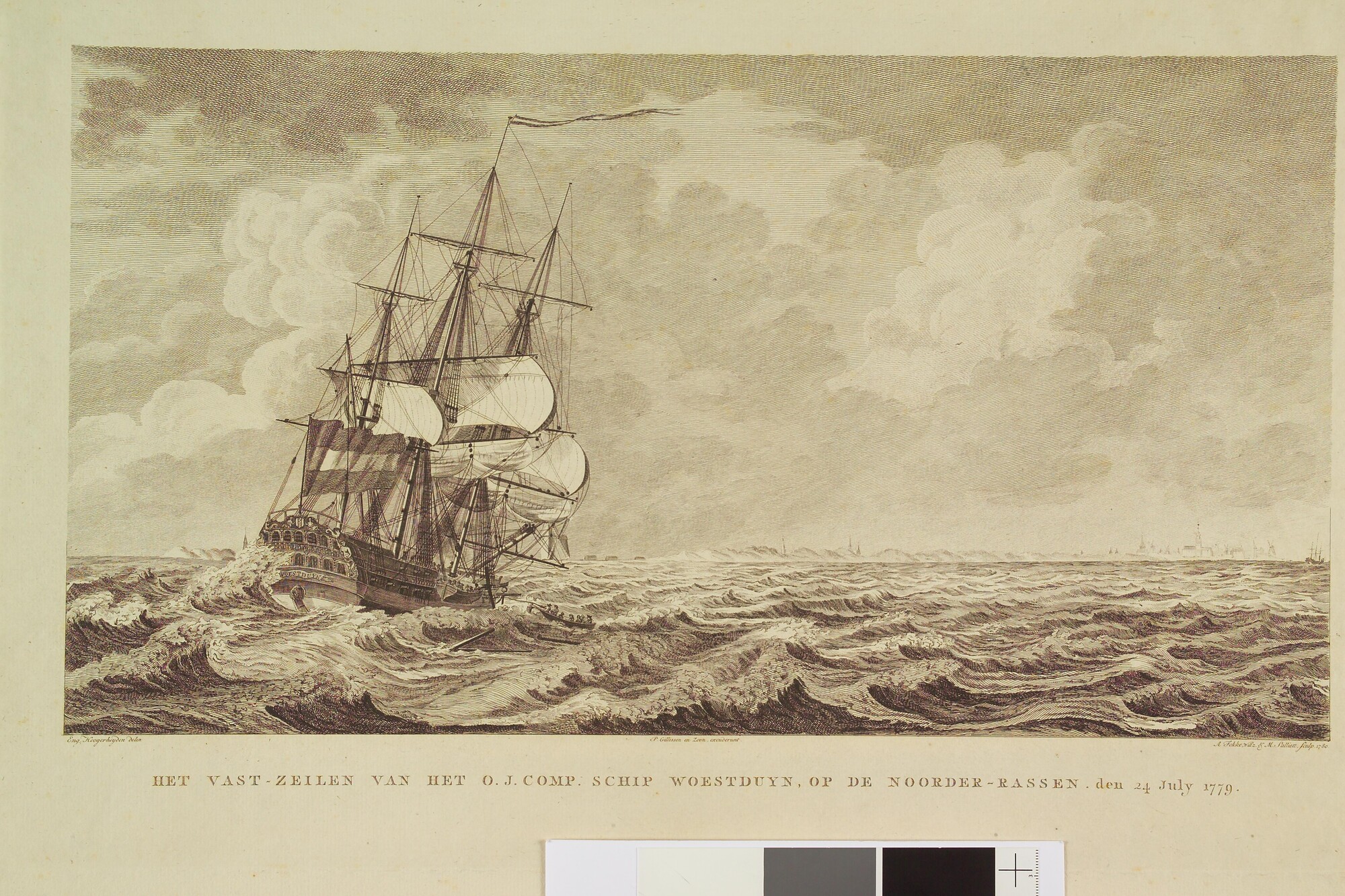 A.0385(01); Schipbreuk van het VOC-schip 'Woestduin', 1779: vastzeilen van het schip; prent