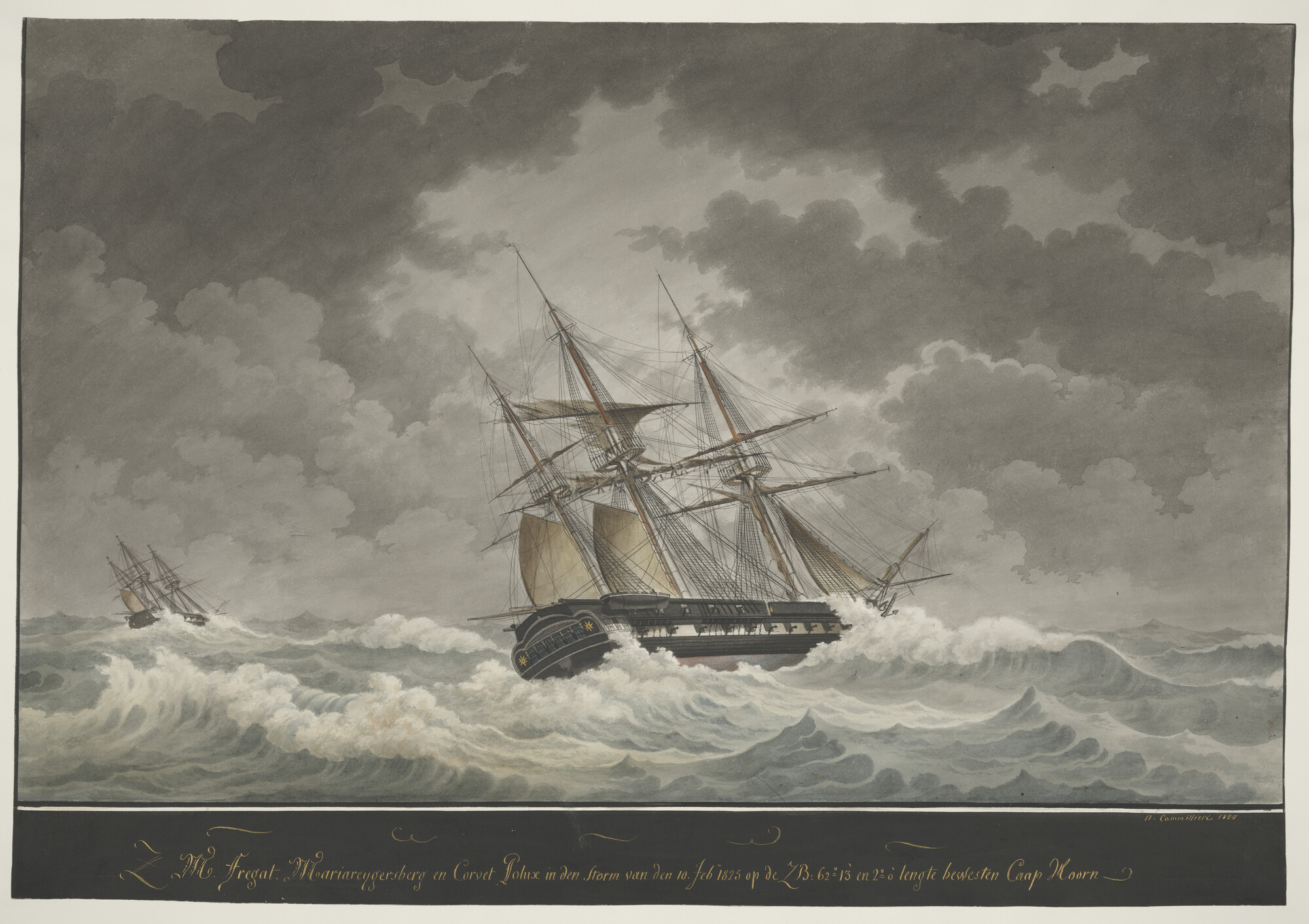 A.0037(01); Het fregat Zr.Ms. Maria Reygersberg en het korvet Pollux in stormweer ten westen van Kaap Hoorn; tekening