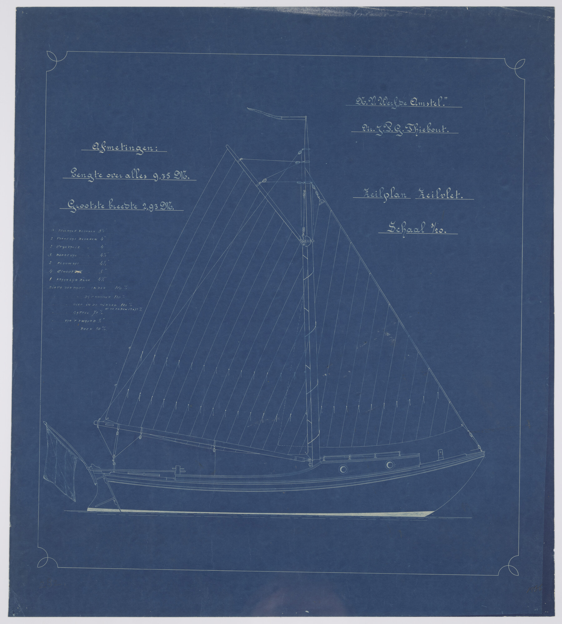 2012.0636; Zeilplan van de zeilvlet 'Zwerver' van 9.35 meter; technische tekening