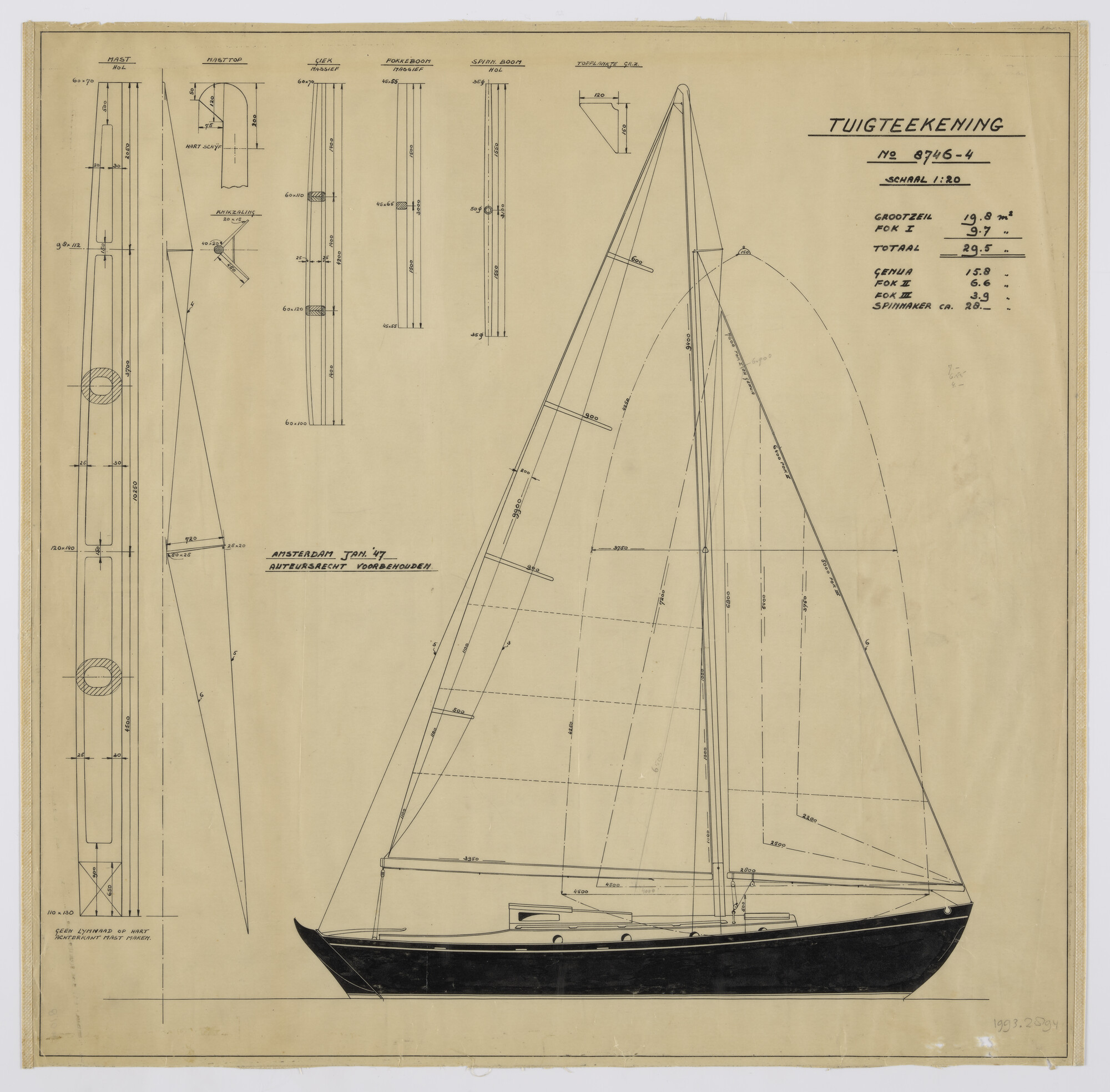 1993.2894; Zeilplan platgatzeiljacht 8.10 meter; technische tekening