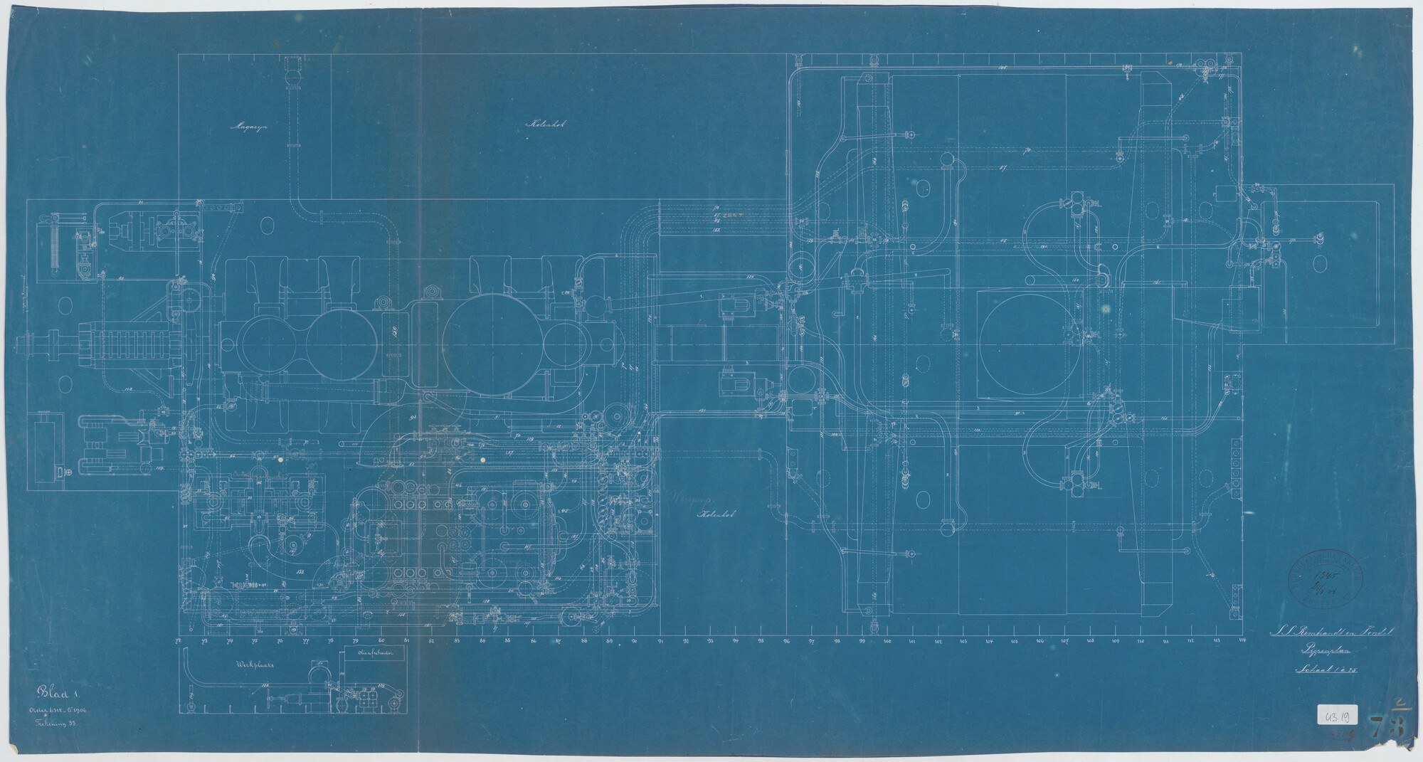 S.5444(043.19); Pijpenplan van de mailschepen ss. Vondel en Rembrandt van de SMN; technische tekening