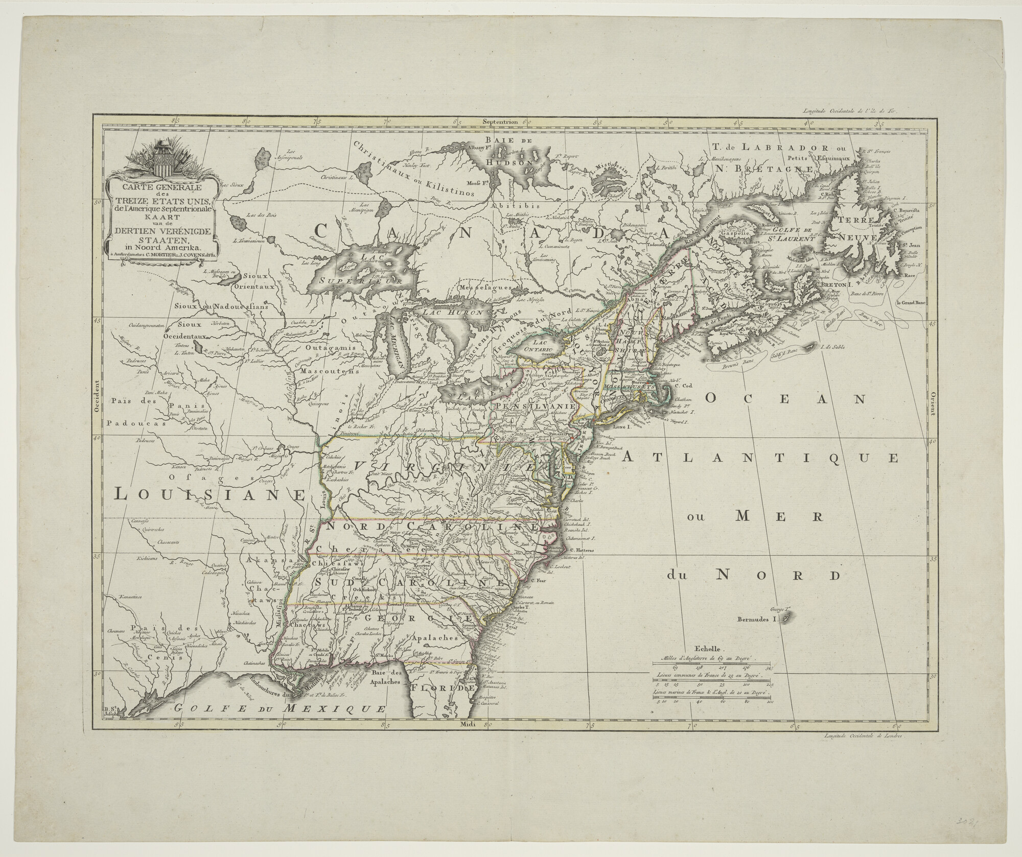 A.0145(211)177; Met de hand gekleurde kaart van de dertien Verenigde Staten van Noord-Amerika; landkaart