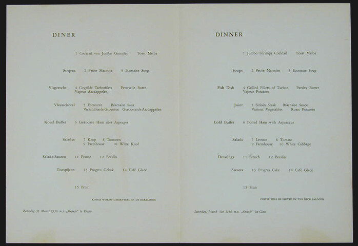 1994.6734; Menukaart voor diner aan boord van ms. 'Oranje' van de SMN, 31 maart 1956; menukaart