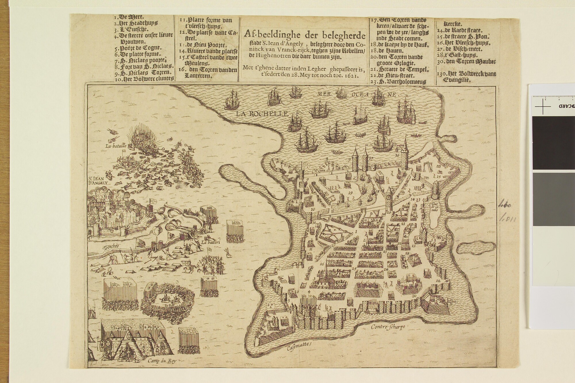 A.0145(027)421; Kaart van de belegerde stad St. Jean d'Angely (La Rochelle) door de koning van Frankrijk, 1621; prent