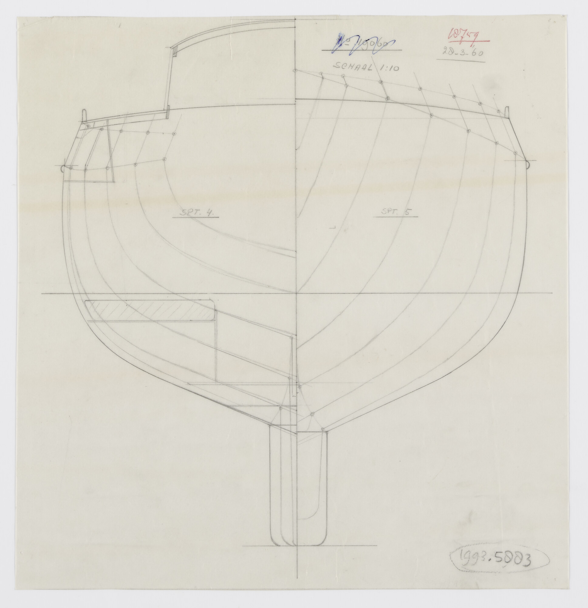 1993.5883; Dwarsdoorsnede van stalen zeiljacht; technische tekening