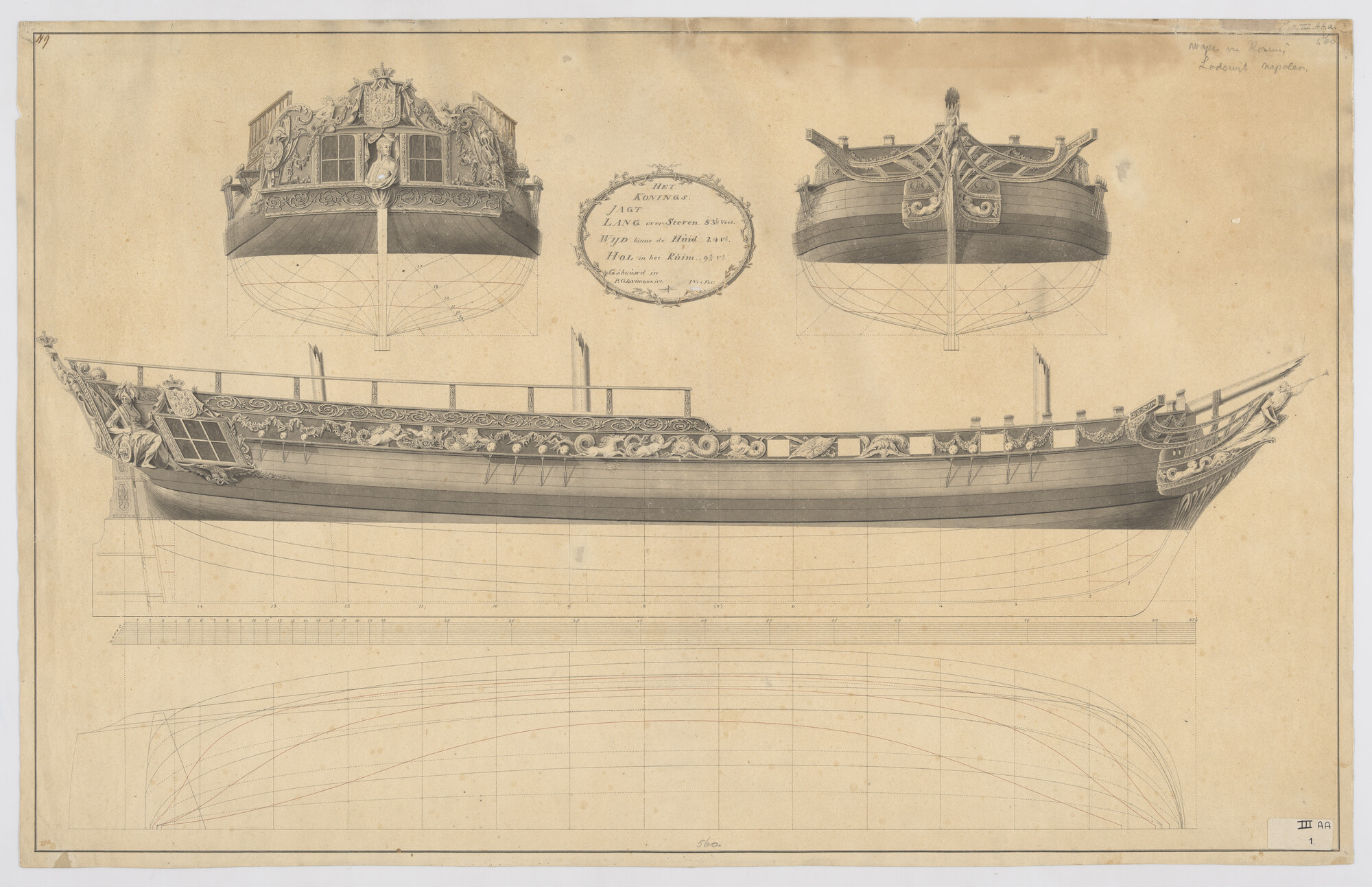 A.1222(13)a; Algemeen- en lijnenplan van het koningsjacht voor Lodewijk Napoleon; technische tekening