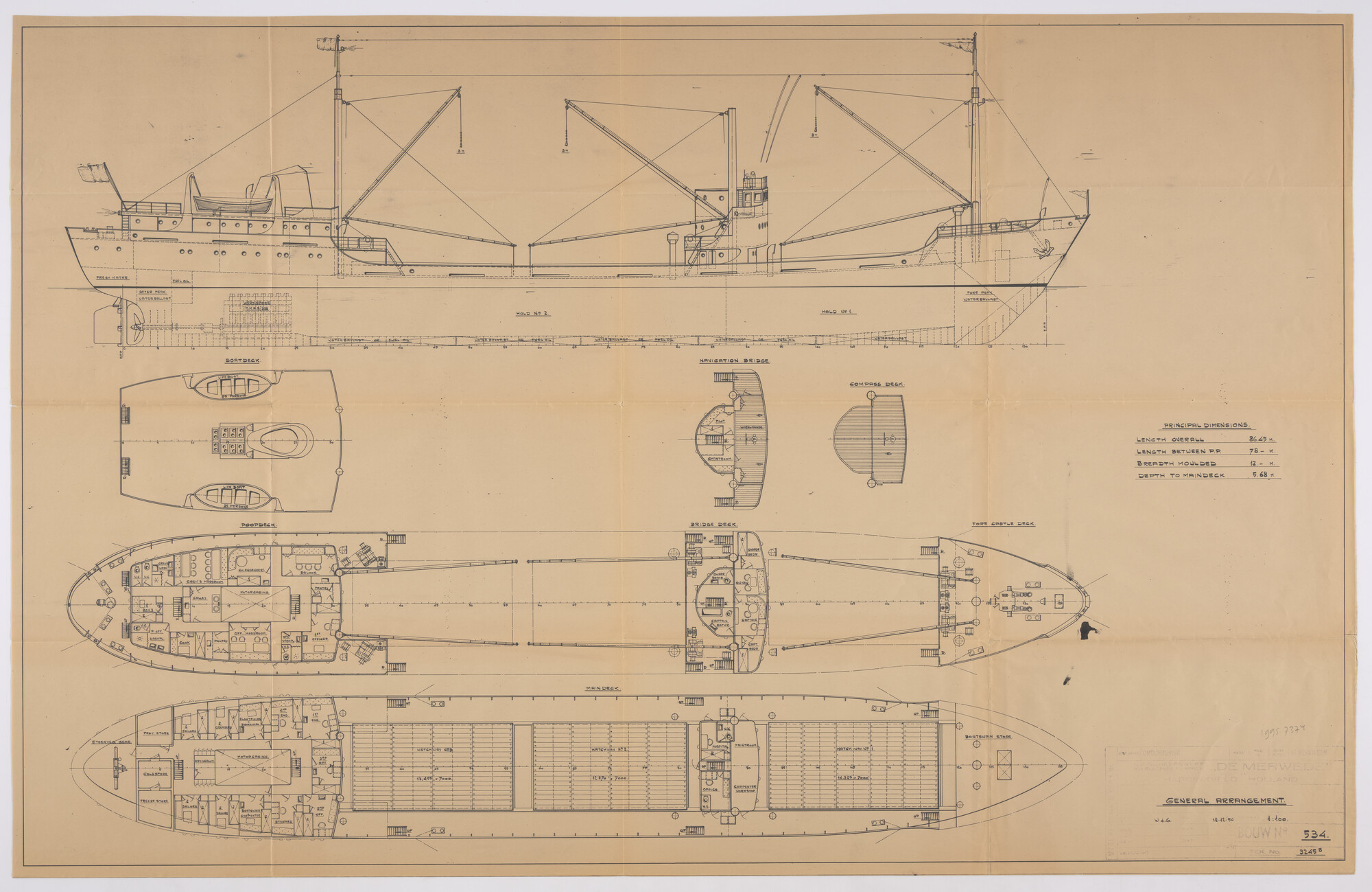 1995.7374; Algemeen plan (1:100) van ms. Pargasport van O/Y Suntrans A/B [...]; technische tekening