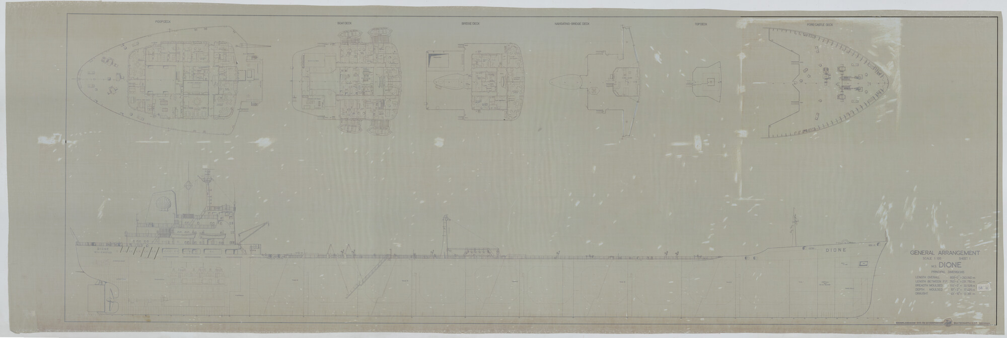 S.5183(010); Algemeen plan, zijaanzicht en hoofddek, van de tanker ts. Dione voor Shell [...]; technische tekening