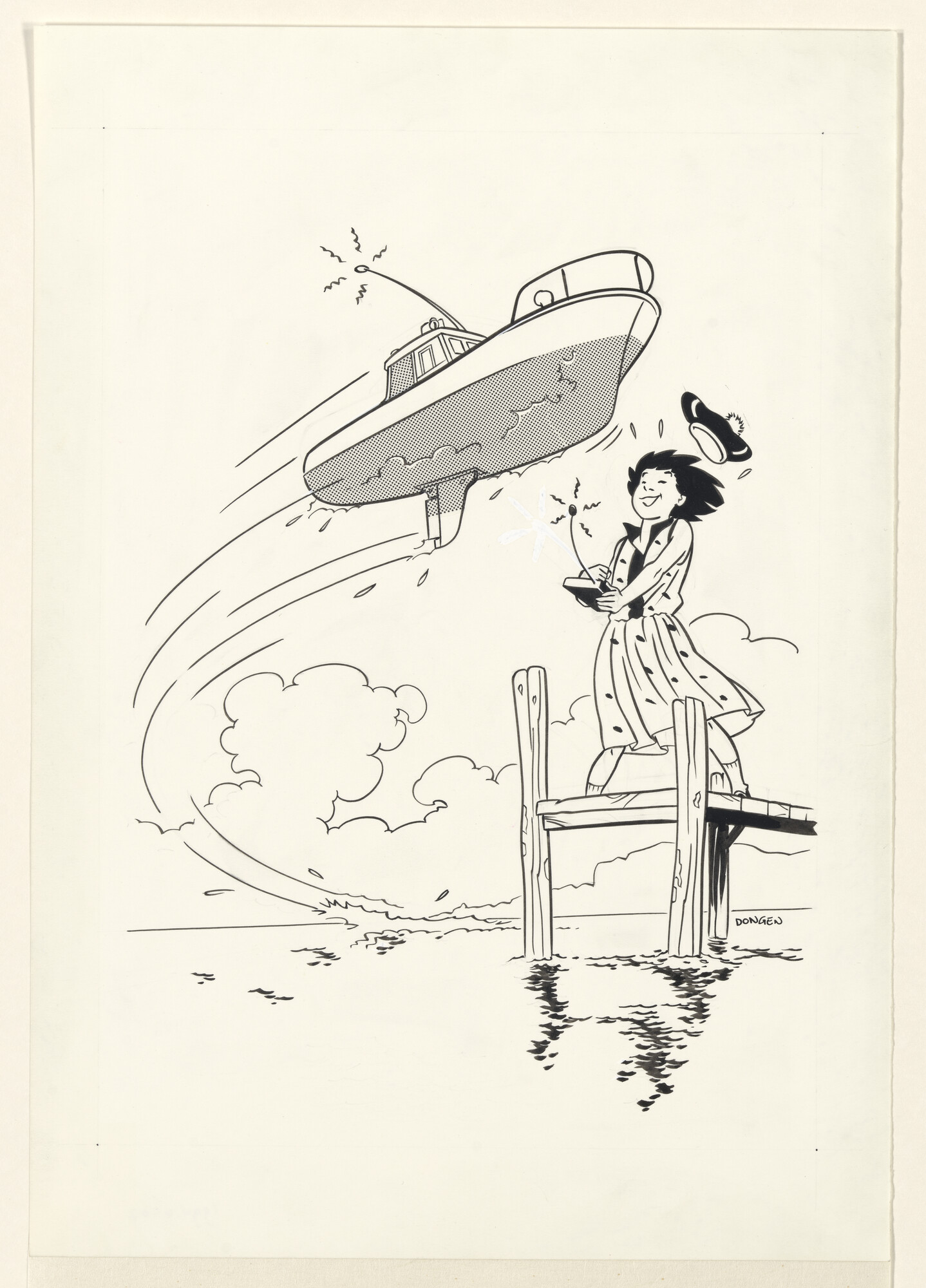 1994.4507; Meisje spelend met radiografisch bestuurbaar scheepsmodel; tekening