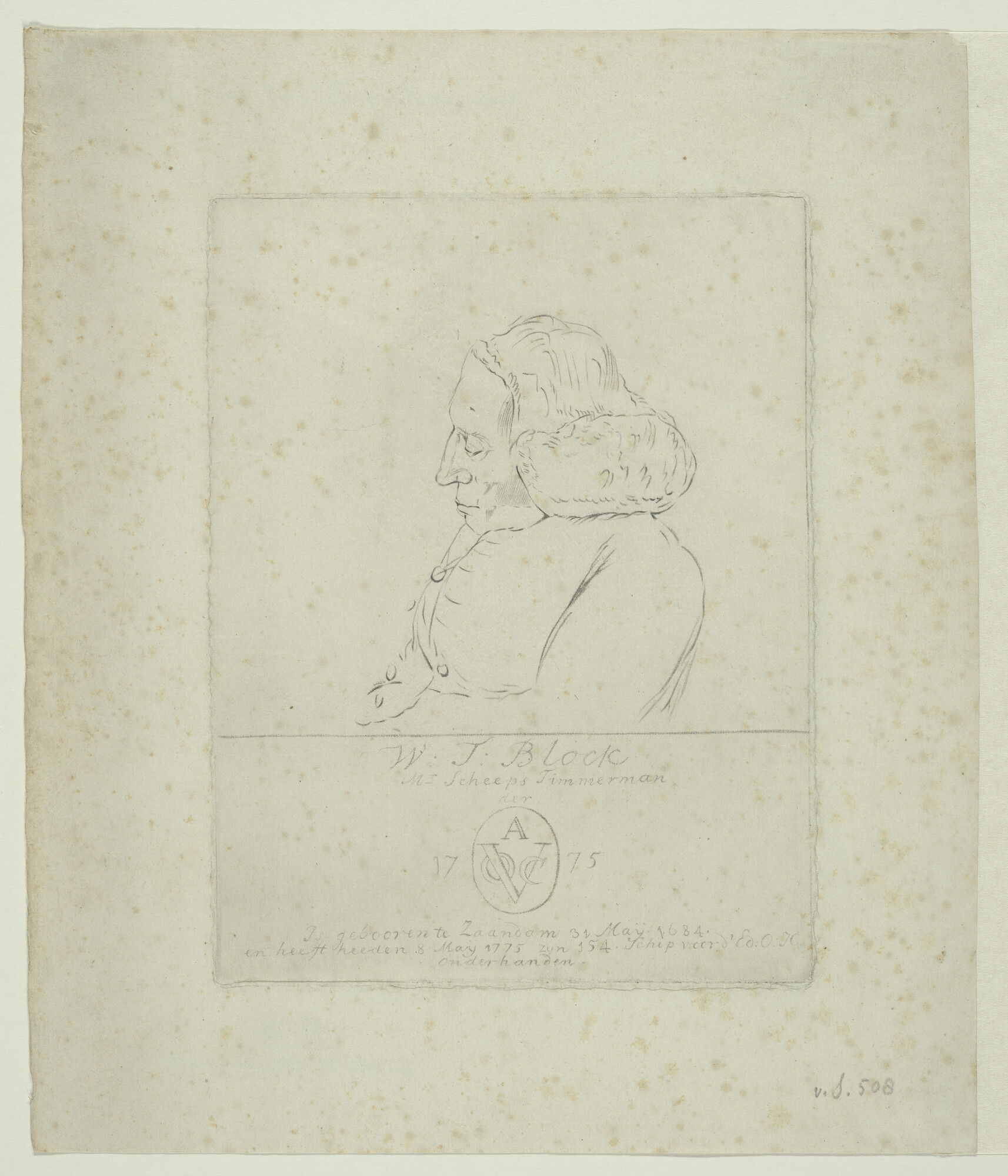 A.0149(0595); Portret van W.J. Block, meester-scheepstimmerman van de Oost-Indische; prent