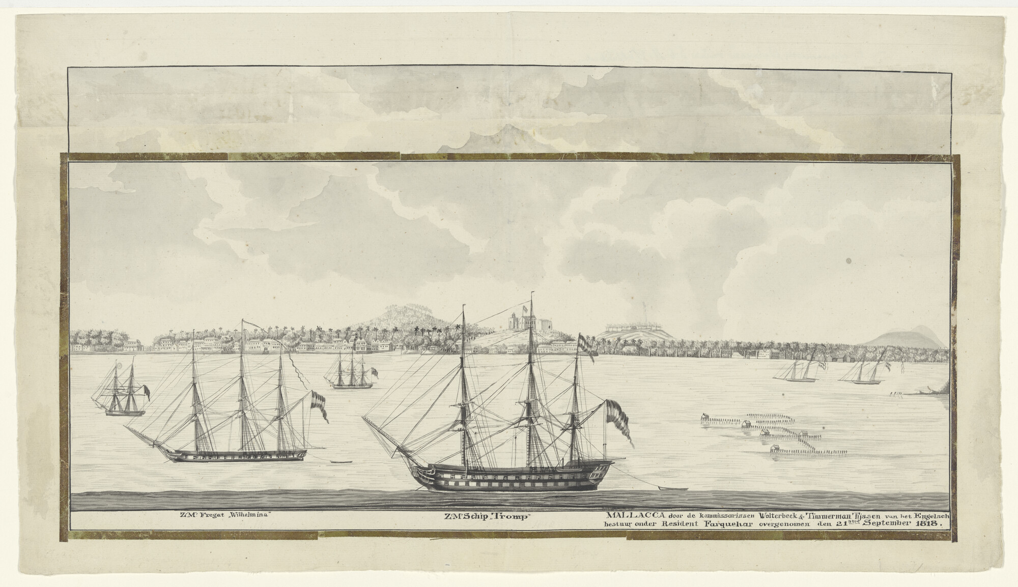 S.1277(01)37; De oorlogsschepen 'Tromp' en 'Wilhelmina' ter rede van  Malakka, 1818; tekening