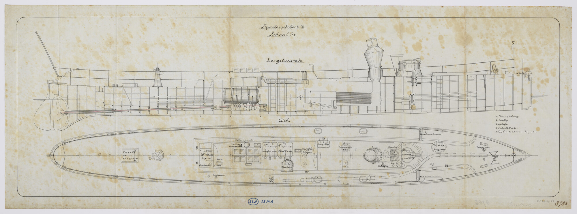 S.2175(3165); Langsdoorsnede en indeling van het dek van spartorpedoboot Zr.Ms. 'XI'; technische tekening