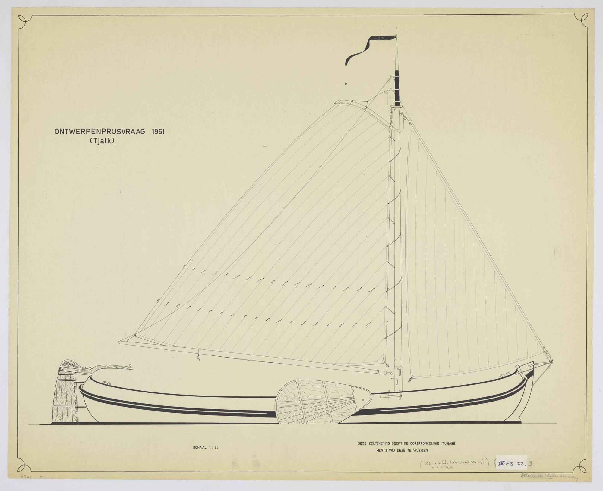S.3481(01); Lijnen- en spantentekening, zijaanzicht met tuigtekening van een Friese tjalk; technische tekening