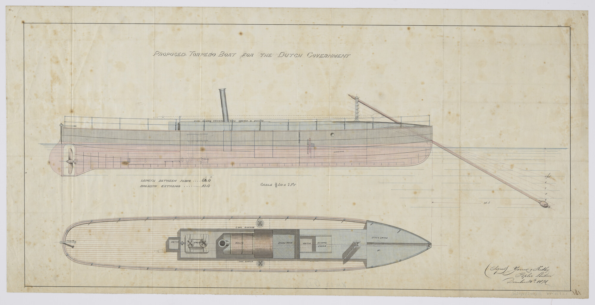 S.2175(3102); Zijaanzicht en bovenaanzicht van een ontwerp voor een spartorpedoboot van Yarrow & Kedley Poplar London met één spartorpedo met springlading in de midscheeps over de boeg; technische tekening