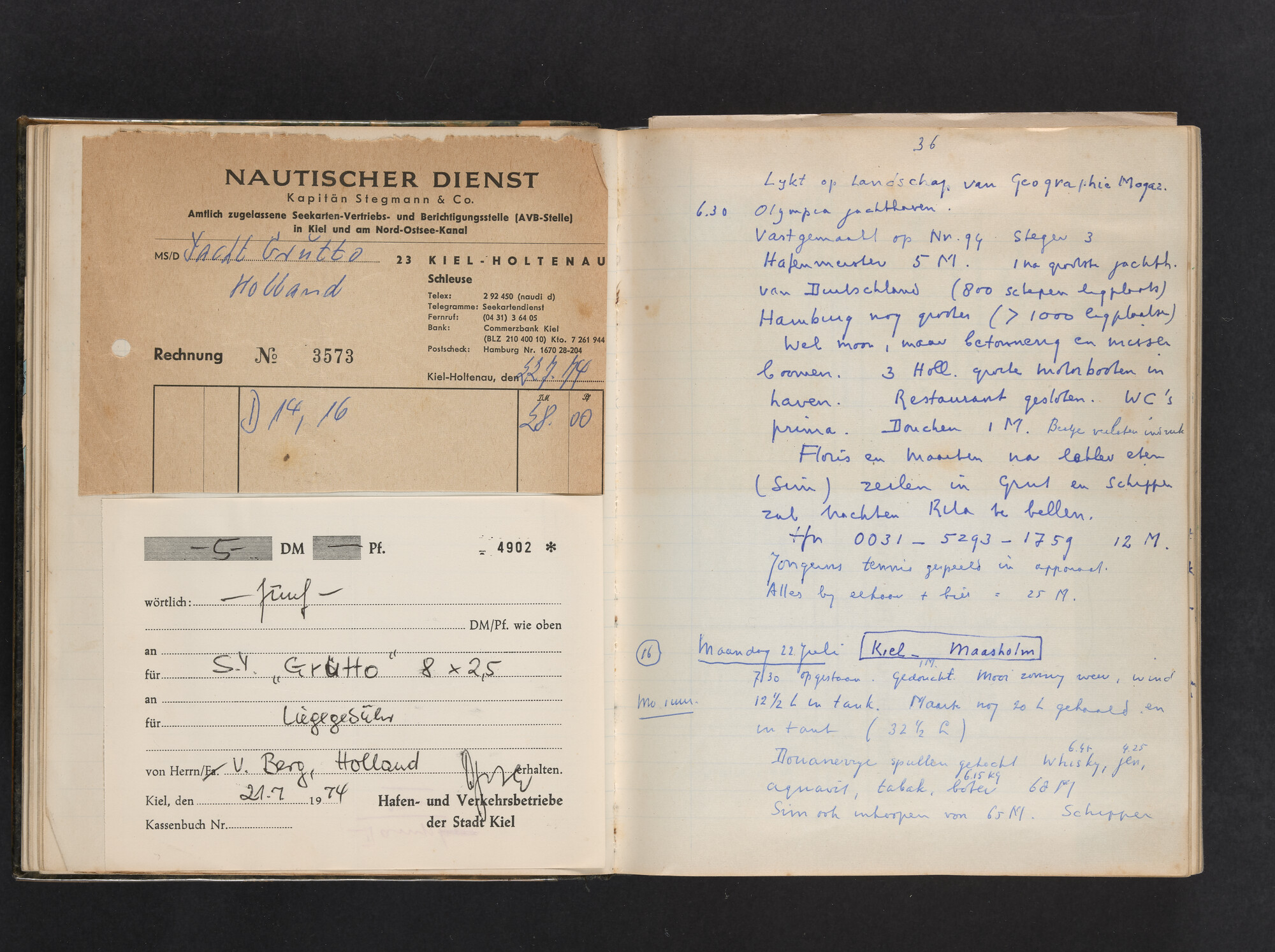 2017.0802; Logboek c.q. fotoalbum van reizen met zeeschouw Grutto (II) in Nederland, Duitsland en Denemarken, 1973-1974; logboek
