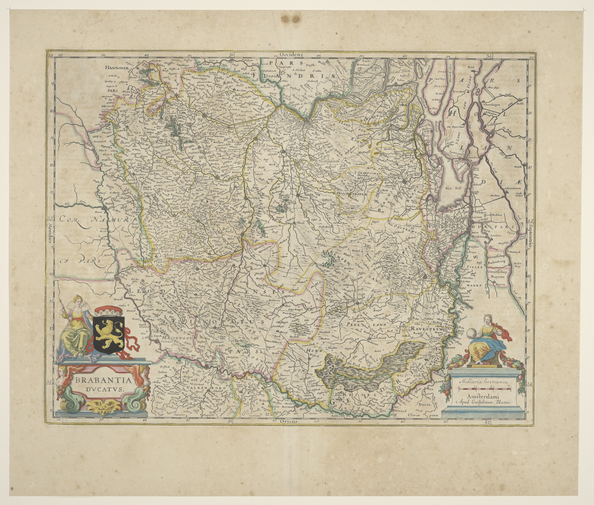 A.3845(01)009; Met de hand gekleurde kaart van het Hertogdom Brabant; landkaart