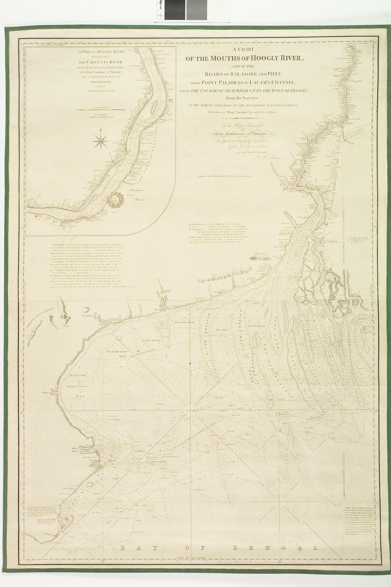 S.3092(01)48; Kaart van de monding van de Hoogly rivier, mede naar gegevens van Benjamin Lacam, opgenomen door de Hon; zeekaart