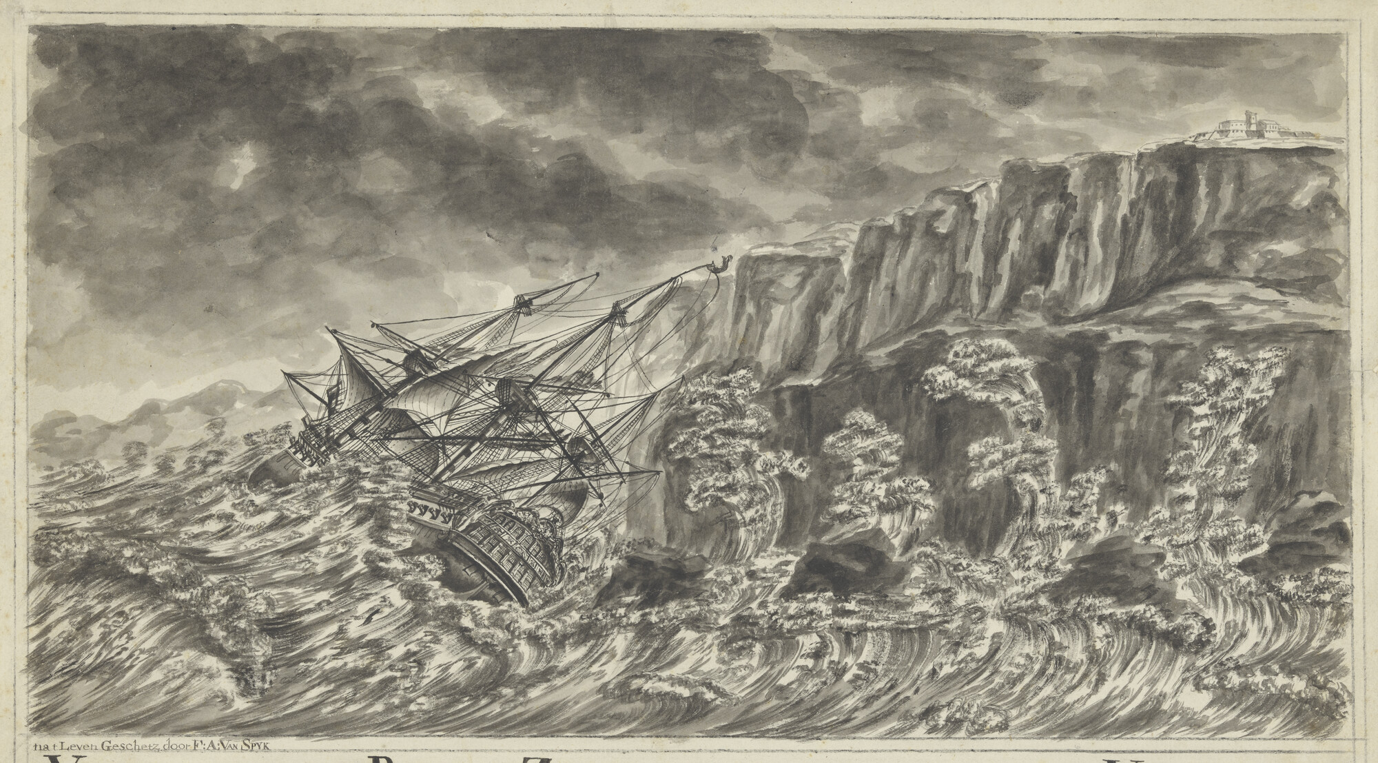 S.0806(02); Het oorlogsschip 'Vrijheid' aan lager wal bij het eiland Minorca; tekening