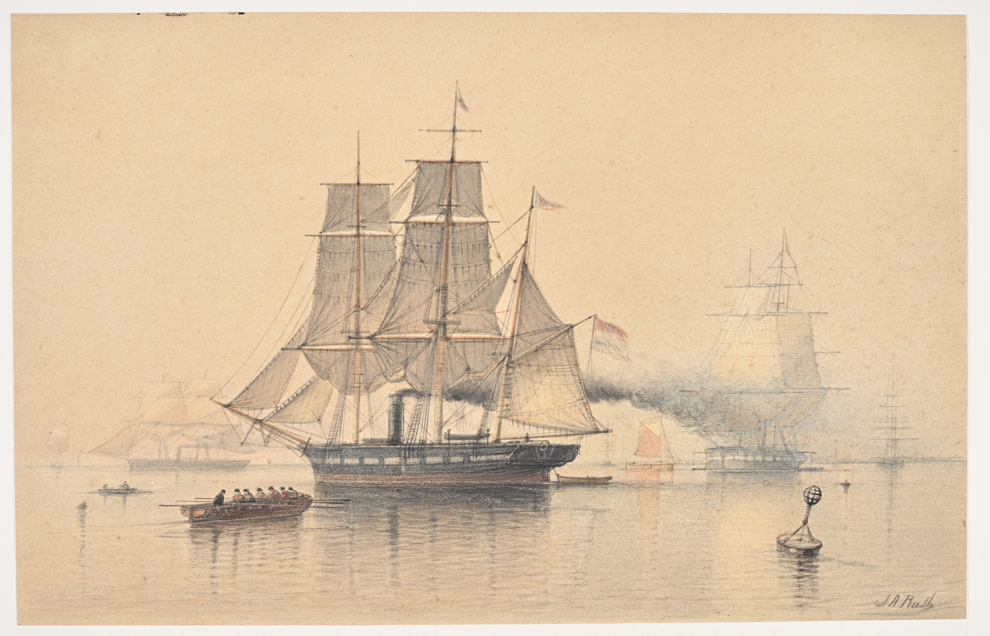 A.1831; Een schroefstoomschip 1ste klasse, type Djambi, onder stoom en zeil op een; tekening