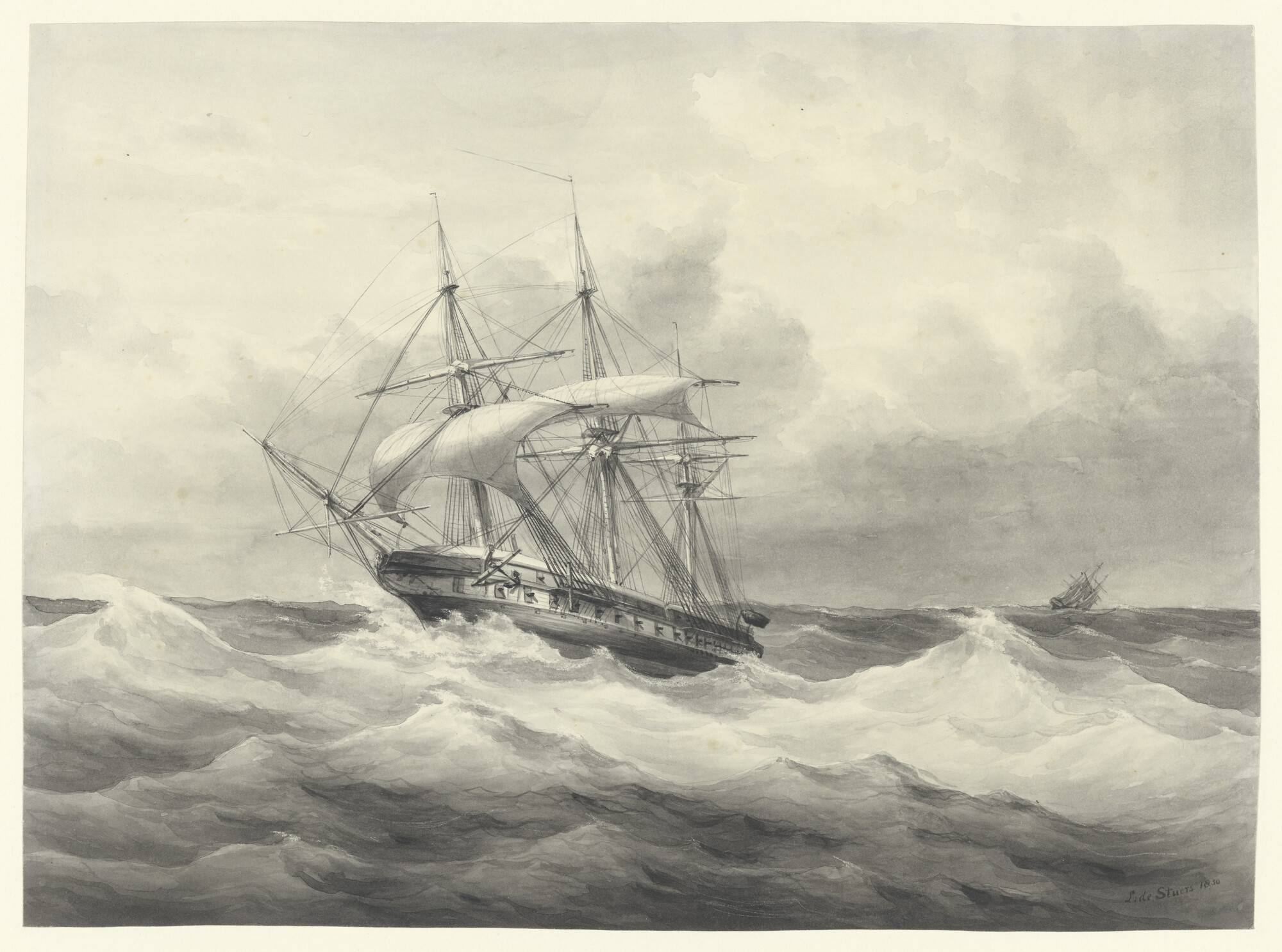 S.3315; Een Nederlands linieschip onder fok en grootmarszeil; tekening