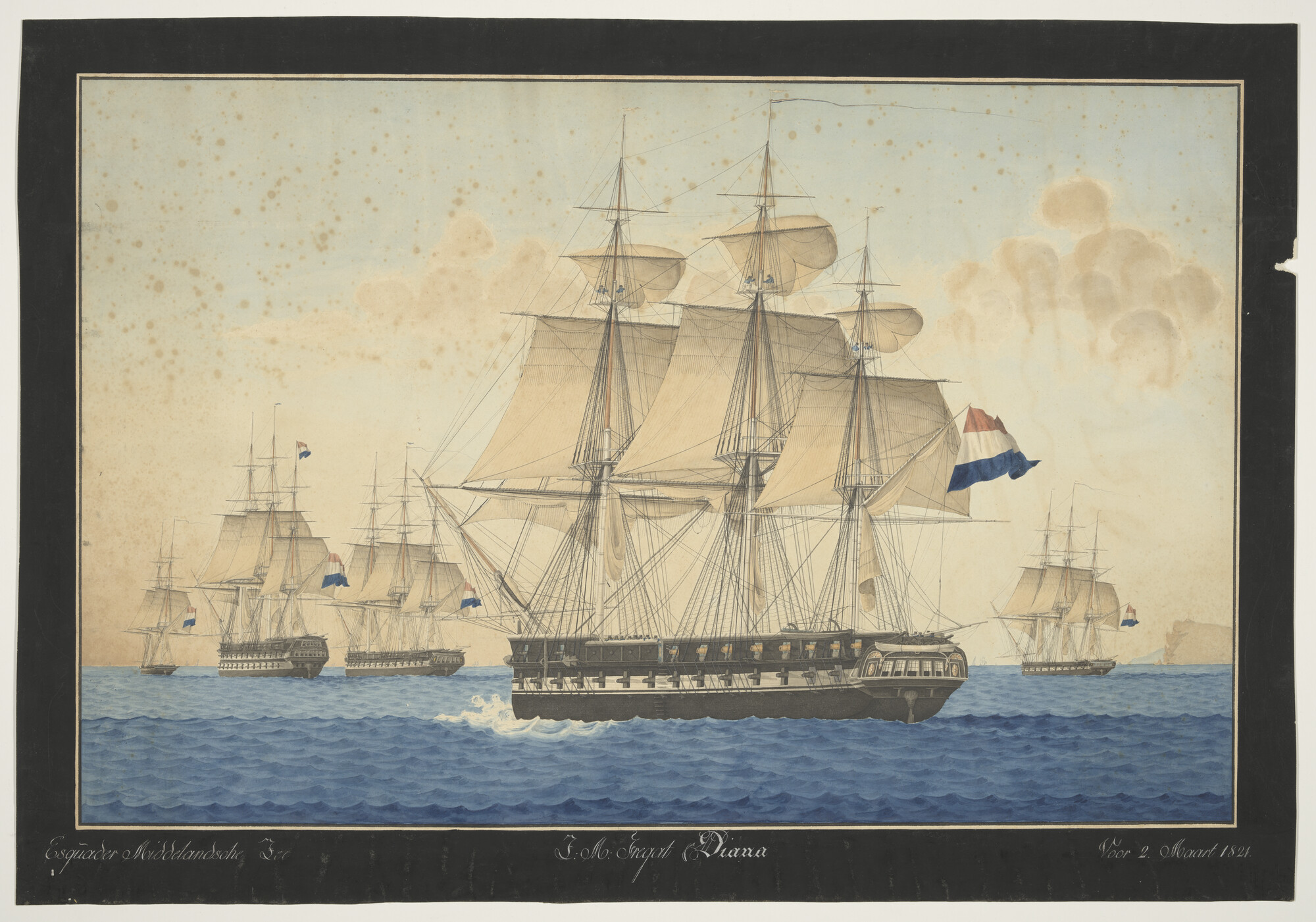 A.1741; Het eskader in de Middellandse Zee met onder andere het fregat Diana; tekening