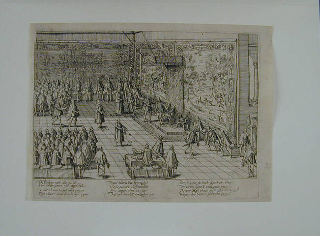A.0145(027)012; 'Da Philippo nuhn alle gwalt, vom vatter gantz war zuges': Vertrek van Karel V in 1555; prent