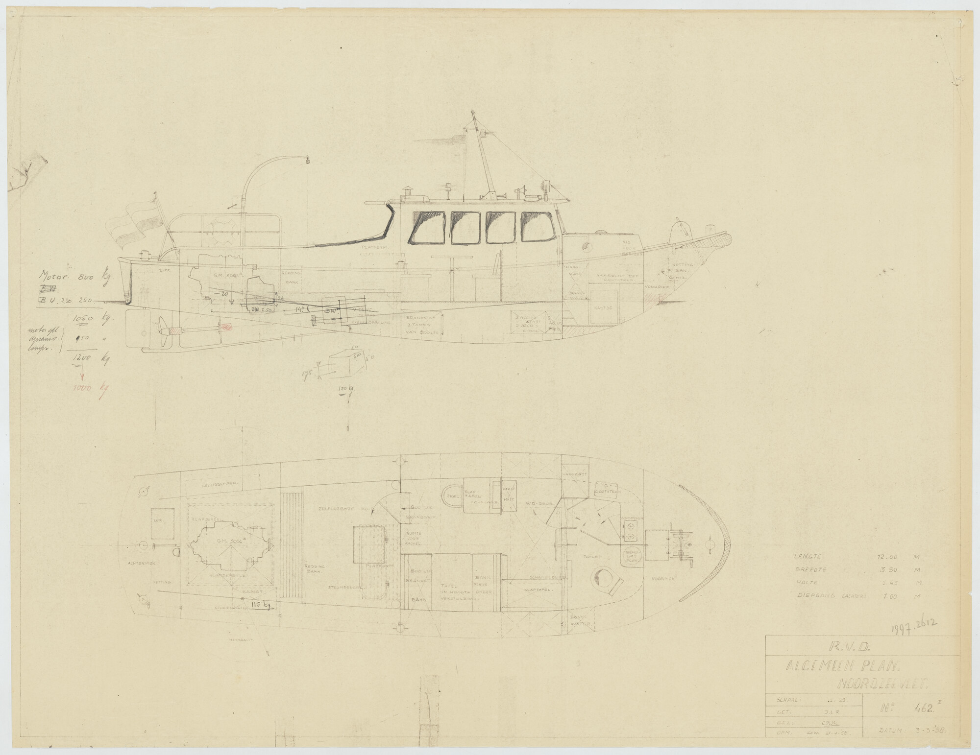 1997.2612; Algemeen plan van een noordzeevlet; technische tekening