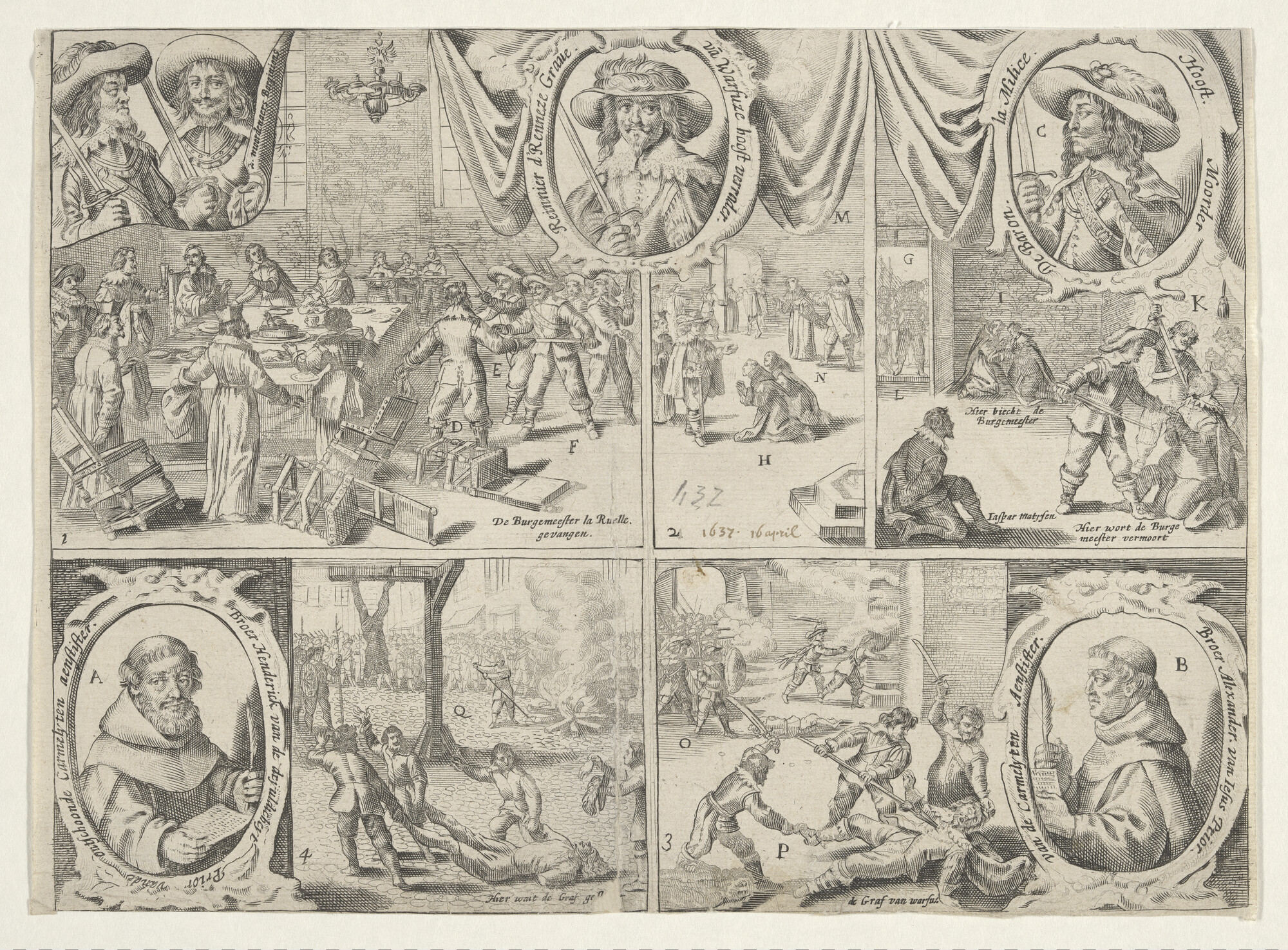 A.0145(027)399; Moord op de Luikse burgemeester Sebastien de la Ruelle en het doden van zijn moordenaar, de graaf van Warfuse, 16 april 1637; prent