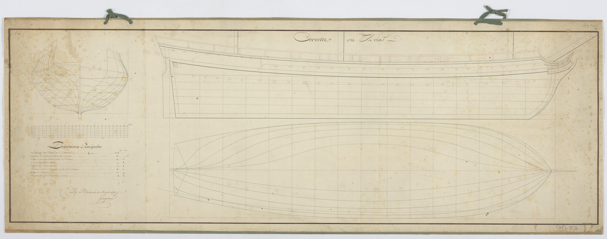 A.2470(05); Lijnenplan van een Frans korvet van 12 stukken; technische tekening