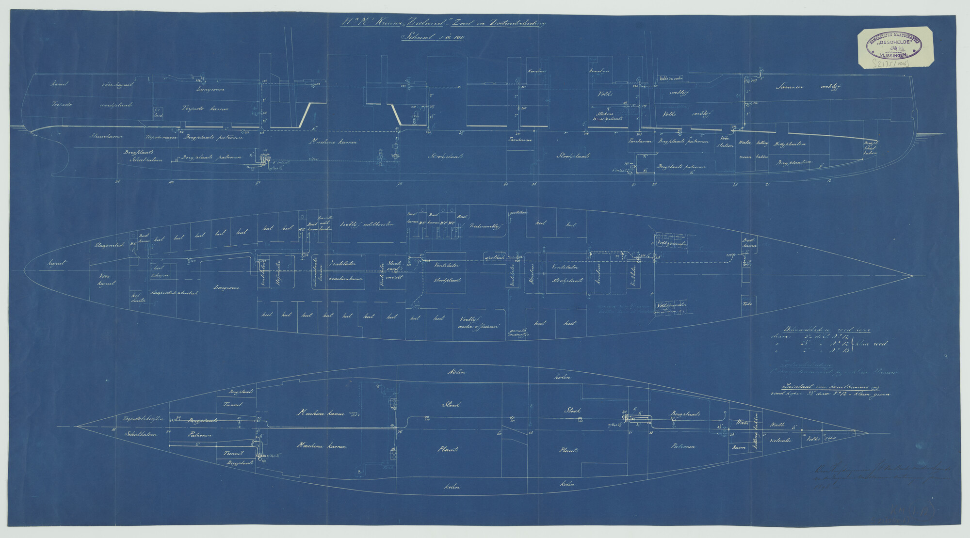 S.2175(0016); Zoet- en zoutwaterleiding van het pantserdekschip Hr.Ms. 'Zeeland'; technische tekening