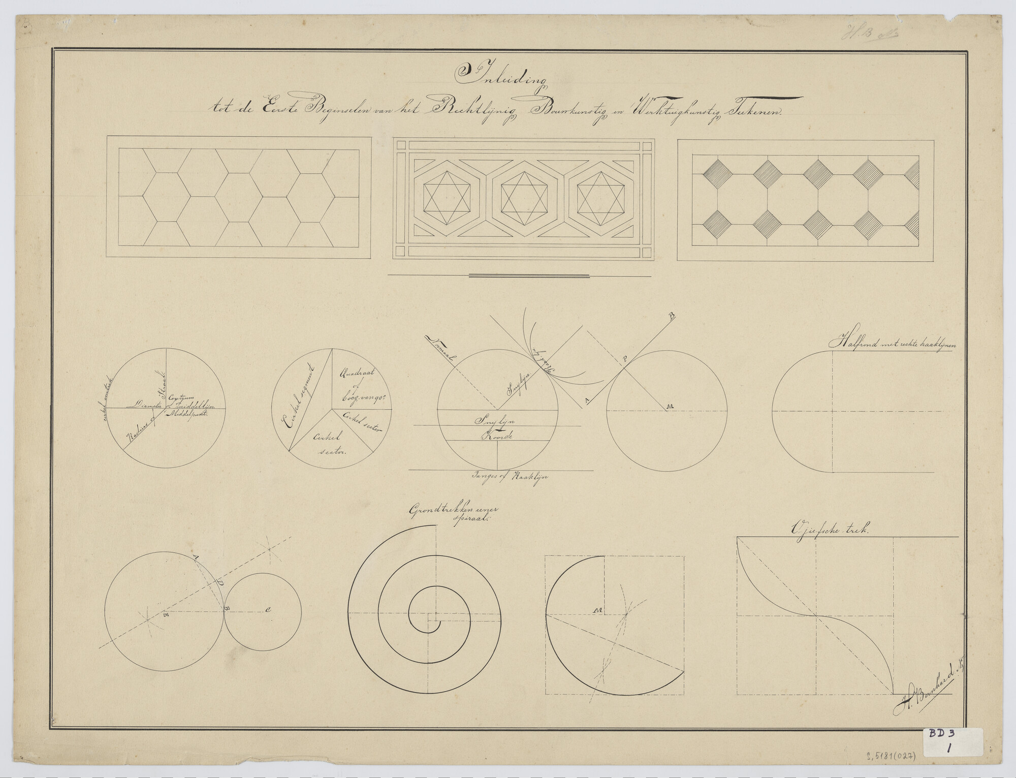 S.5181(027); Inleiding in de eerste beginselen rechtlijnig, bouwkunstig- en werktuigbouwkunstig tekenen: vlakken, segmenten, koorden, cirkels en spiraal; technische tekening